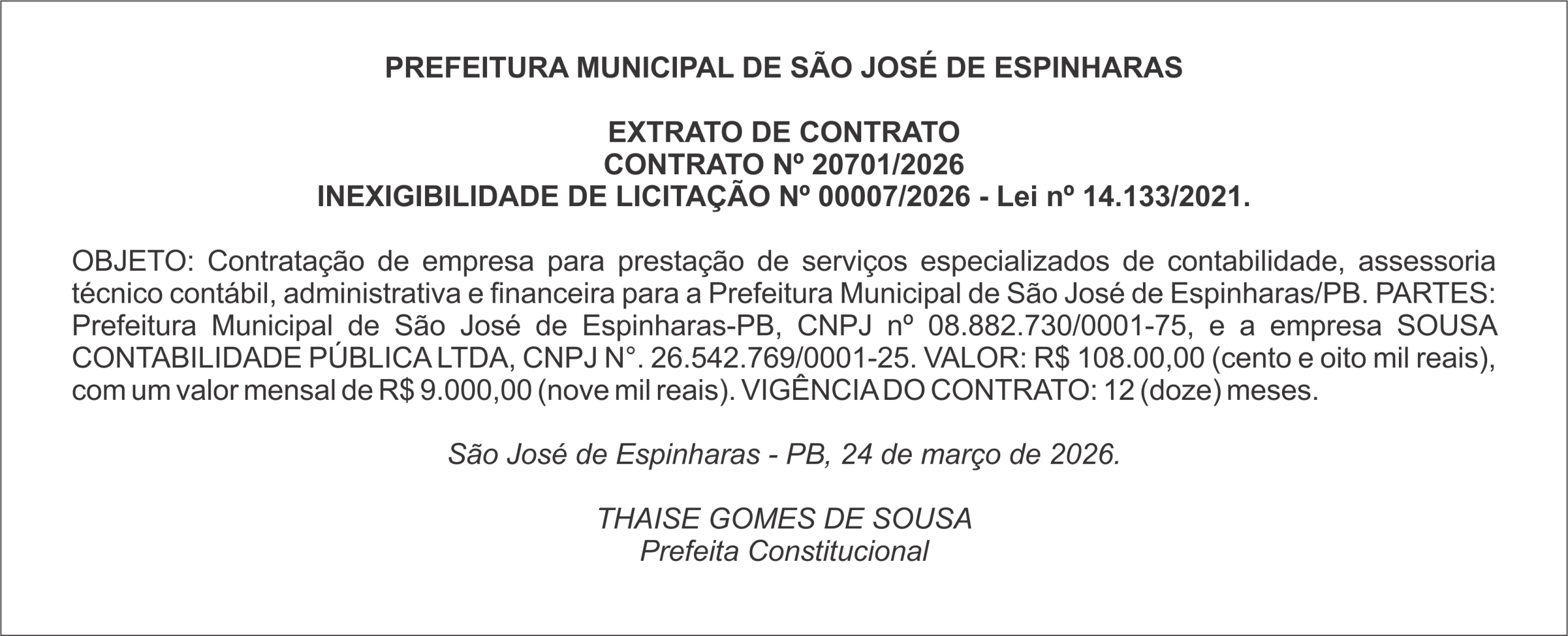 PREFEITURA DE SÃO JOSÉ DE ESPINHARAS  – EXTRATO DO CONTRATO