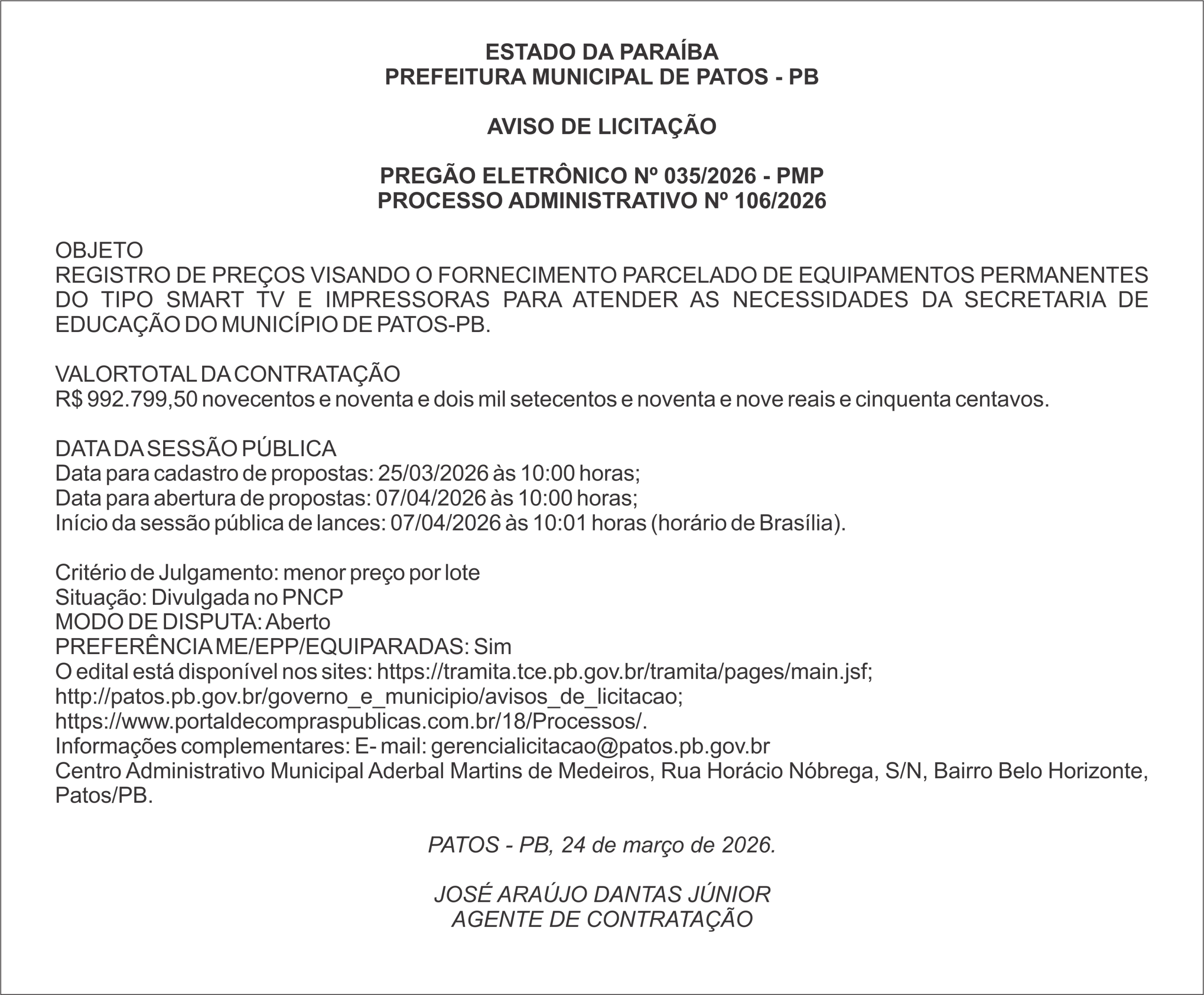PREFEITURA MUNICIPAL DE PATOS – PB – PREGÃO ELETRÔNICO Nº 035/2026 – PMP
