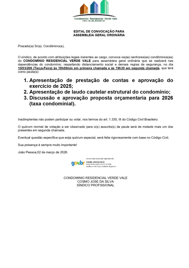CONDOMÍNIO RESIDENCIAL VERDE VALE – EDITAL DE CONVOCAÇÃO PARA ASSEMBLEIA GERAL ORDINÁRIA