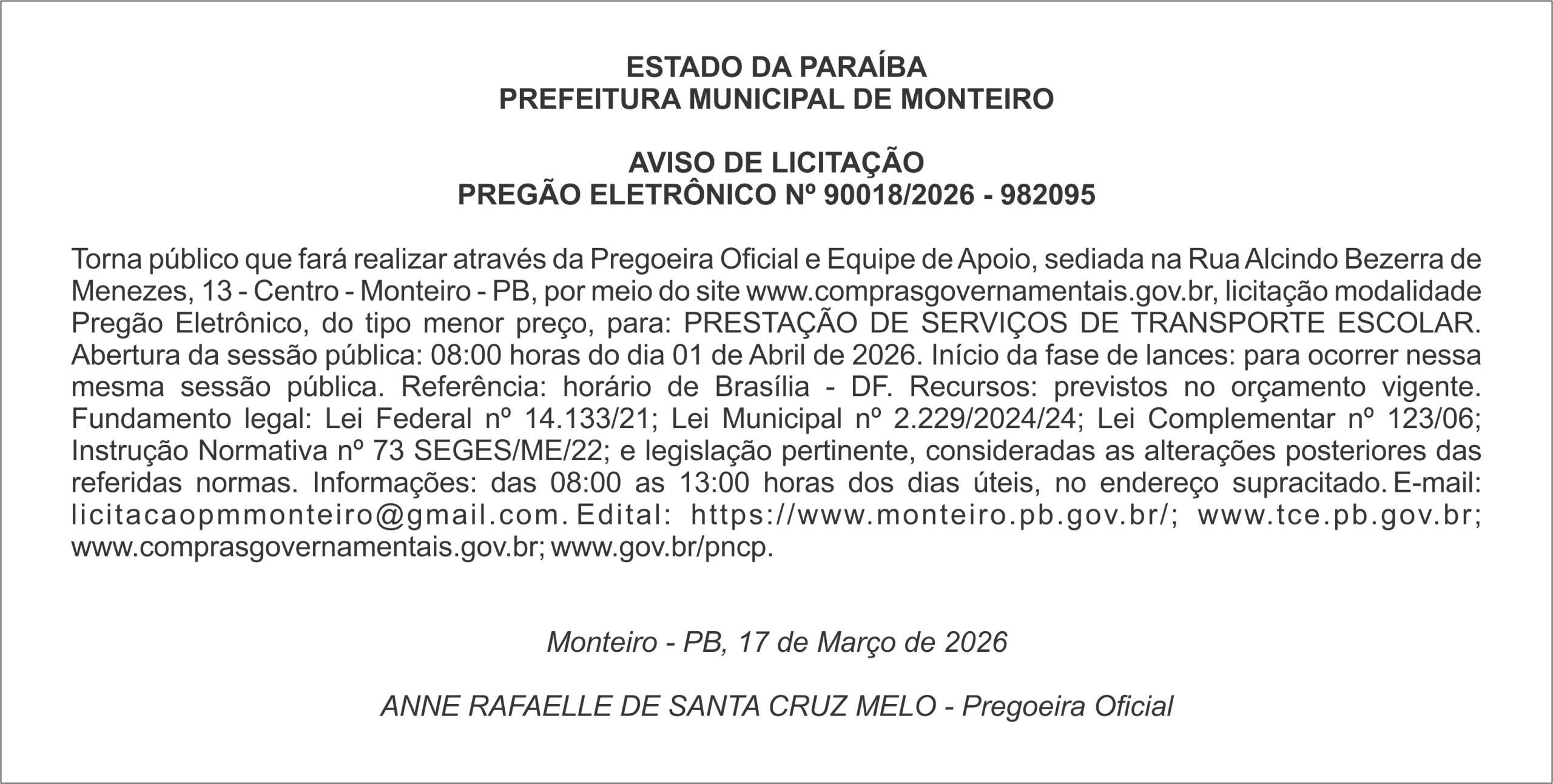 PREFEITURA MUNICIPAL DE MONTEIRO – AVISO DE LICITAÇÃO PREGÃO ELETRÔNICO Nº 90018/2026 – 982095
