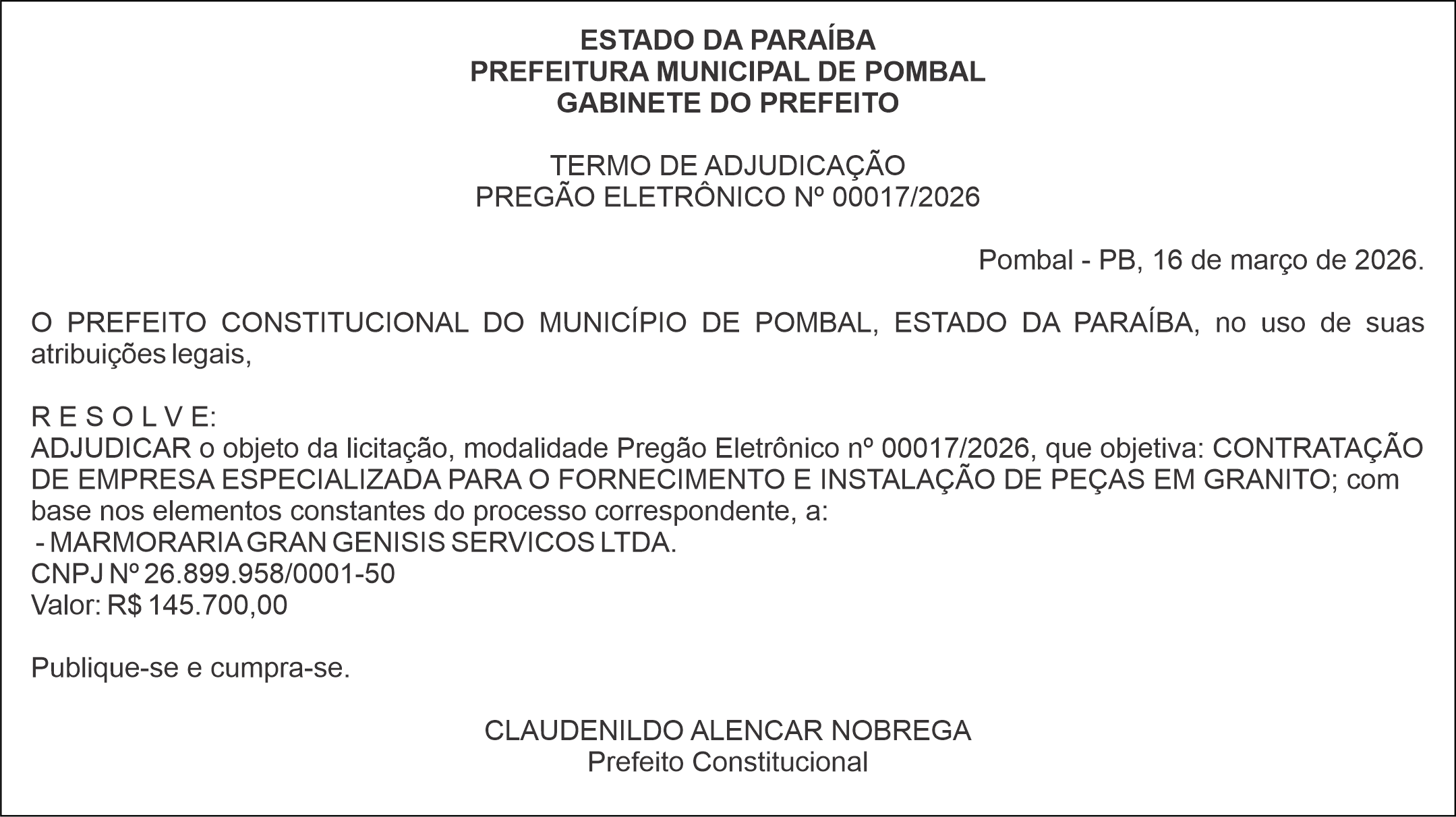 PREFEITURA MUNICIPAL DE POMBAL – TERMO DE ADJUDICAÇÃO – PREGÃO ELETRÔNICO Nº 00017/2026