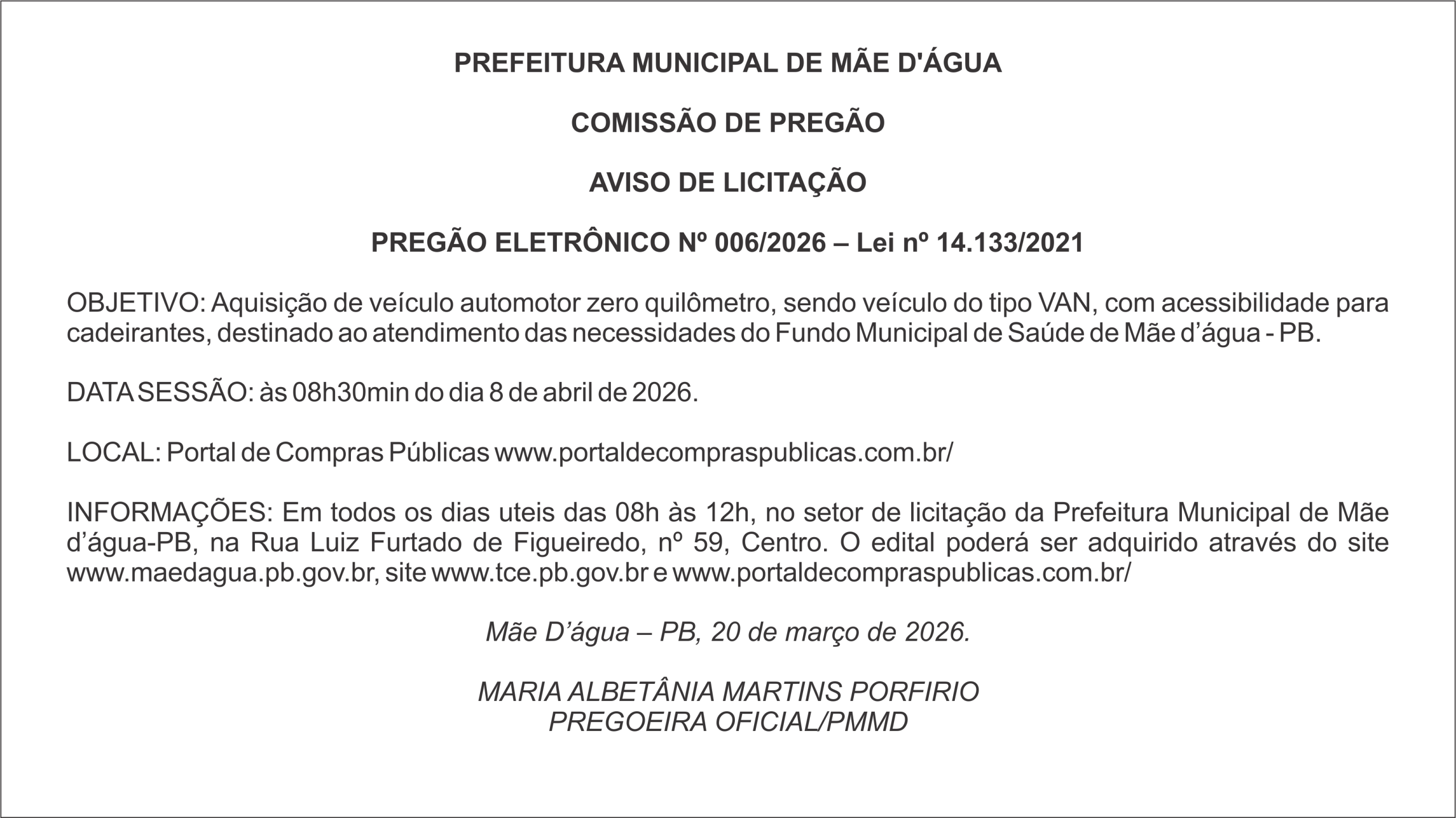 PREFEITURA DE MÃE D’ÁGUA – AVISO DE LICITAÇÃO  PREGÃO ELETRÔNICO Nº 006/2026