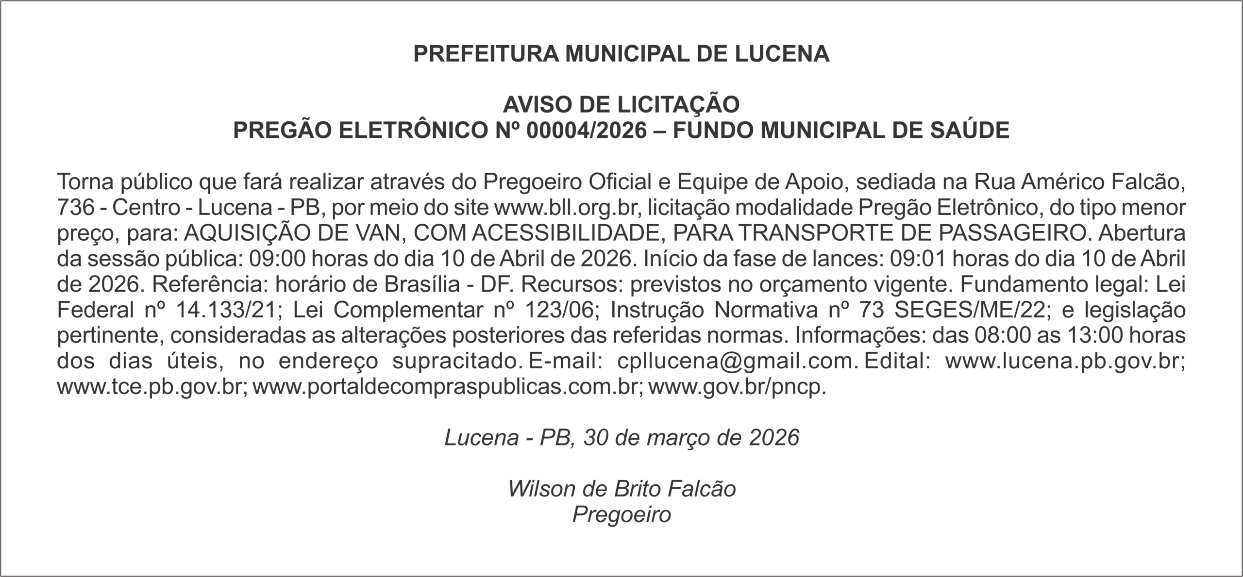 PREFEITURA DE LUCENA – AVISO DE LICITAÇÃO – PREGÃO ELETRÔNICO Nº 00004/2026