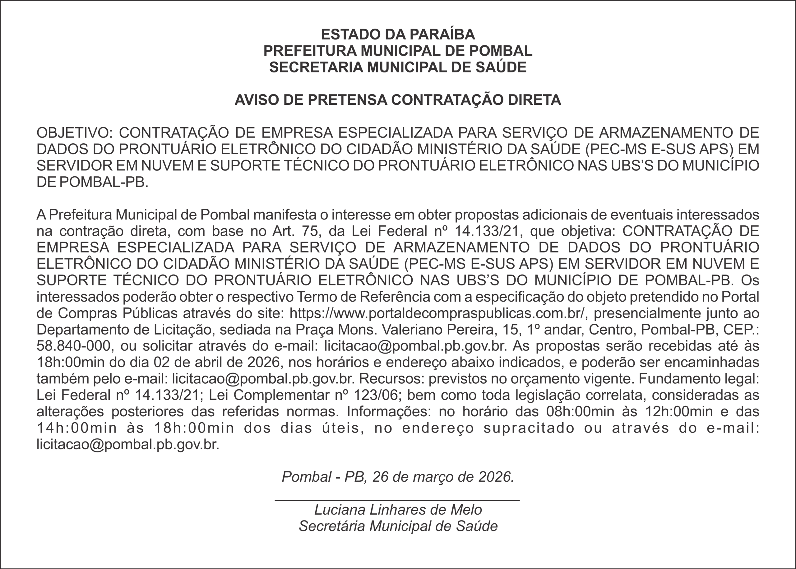 PREFEITURA MUNICIPAL DE POMBAL – AVISO DE PRETENSA CONTRATAÇÃO DIRETA