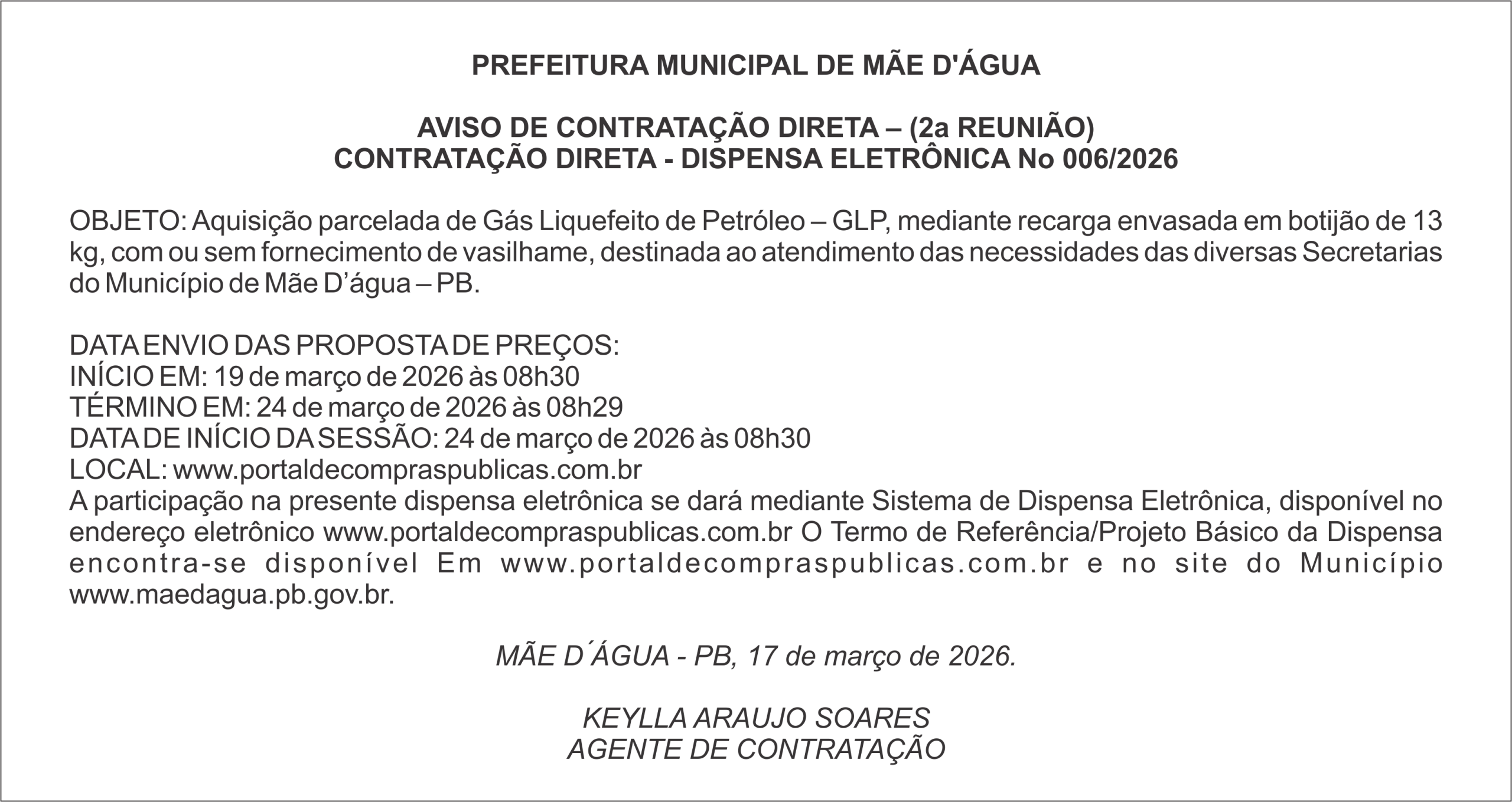 PREFEITURA DE MÃE D’ÁGUA  – AVISO DE CONTRATAÇÃO DIRETA – (2a REUNIÃO)