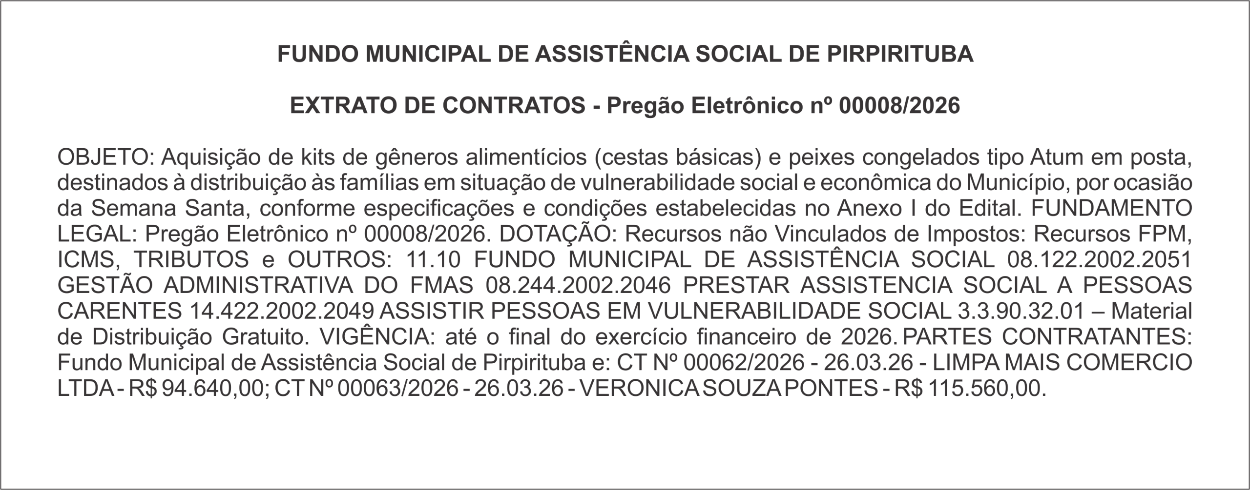 FUNDO MUNICIPAL DE SAÚDE DE PIRPIRITUBA – EXTRATO DE CONTRATO