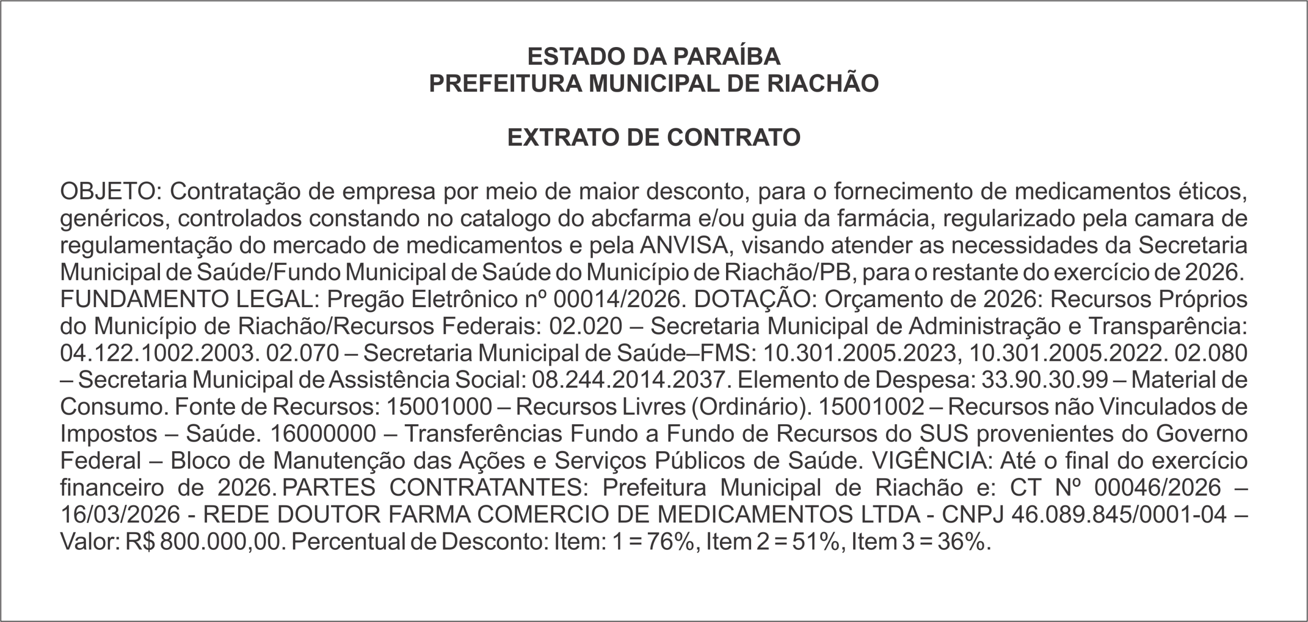 PREFEITURA MUNICIPAL DE RIACHÃO – EXTRATO DE CONTRATO
