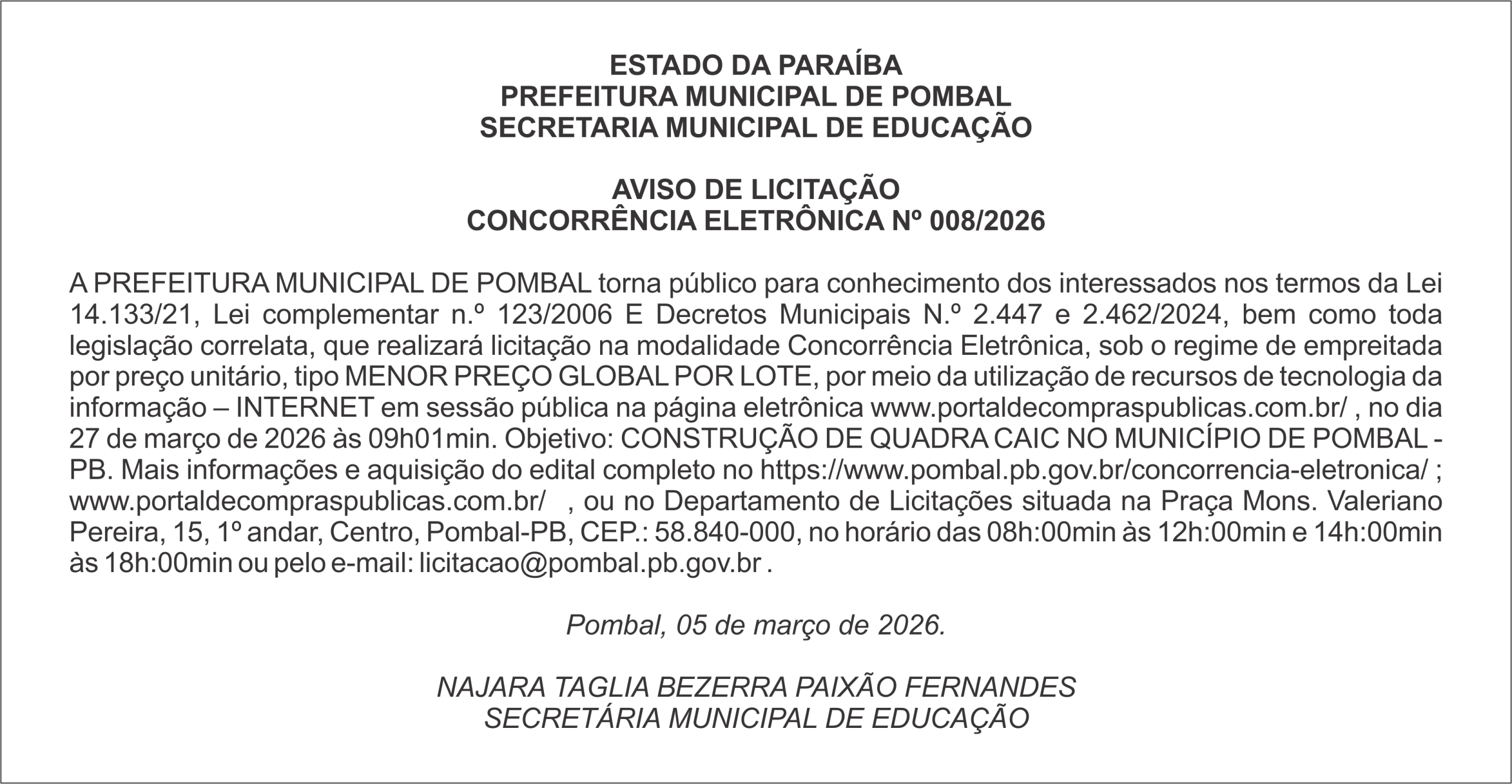 PREFEITURA MUNICIPAL DE POMBAL – AVISO DE LICITAÇÃO – CONCORRÊNCIA ELETRÔNICA Nº 008/2026
