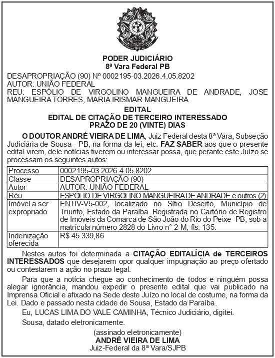 SECRETARIA NACIONAL DE SEGURANÇA HIDRICA – SNSH – MDR – DF – BRASÍLIA – Edital de Citação de Terceiro Interessado – ENTIV-V5-002 (ESPÓLIO DE VIRGOLINO MANGUEIRA DE ANDRADE)