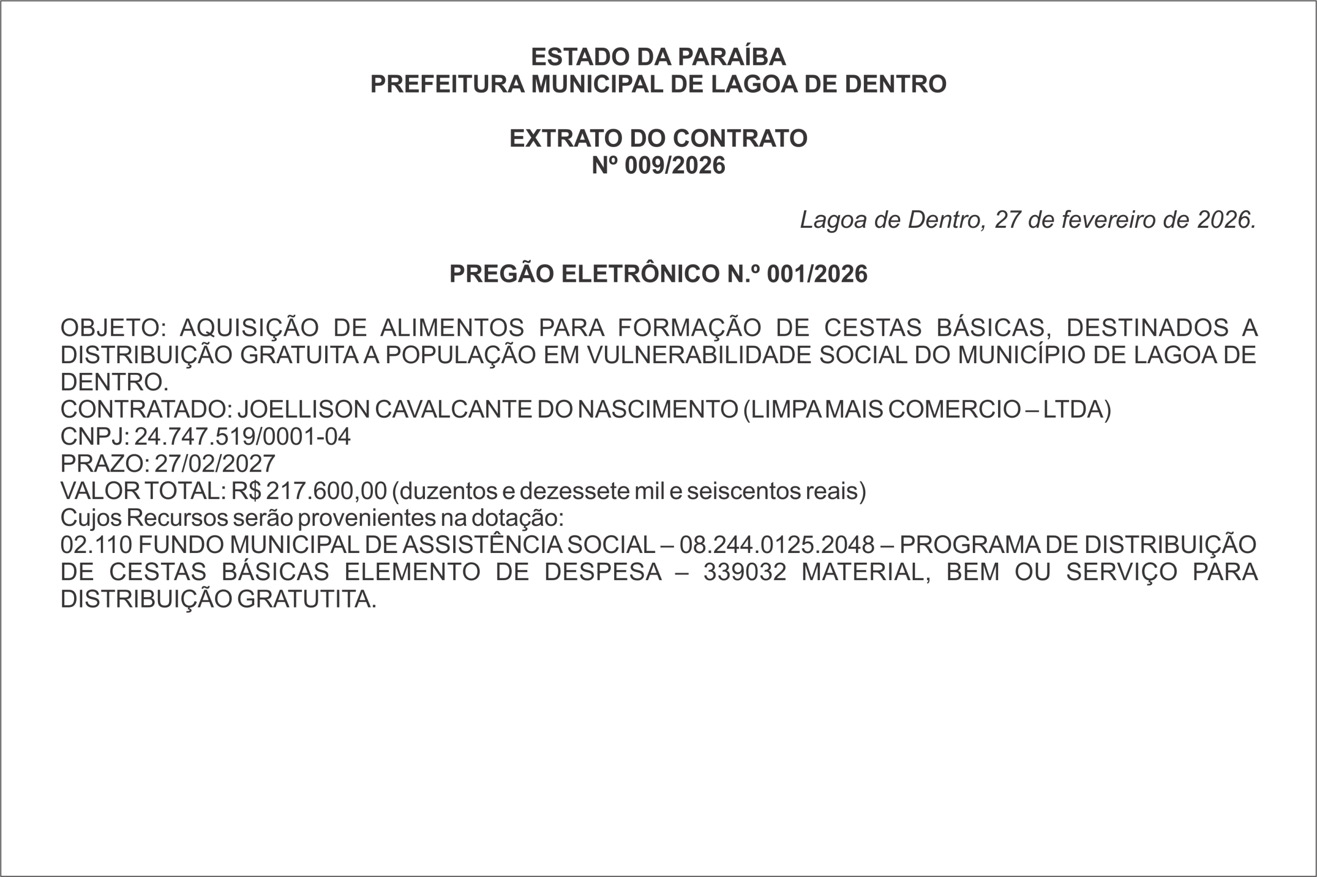 PREFEITURA MUNICIPAL DE LAGOA DE DENTRO – EXTRATO DO CONTRATO Nº 009/2026