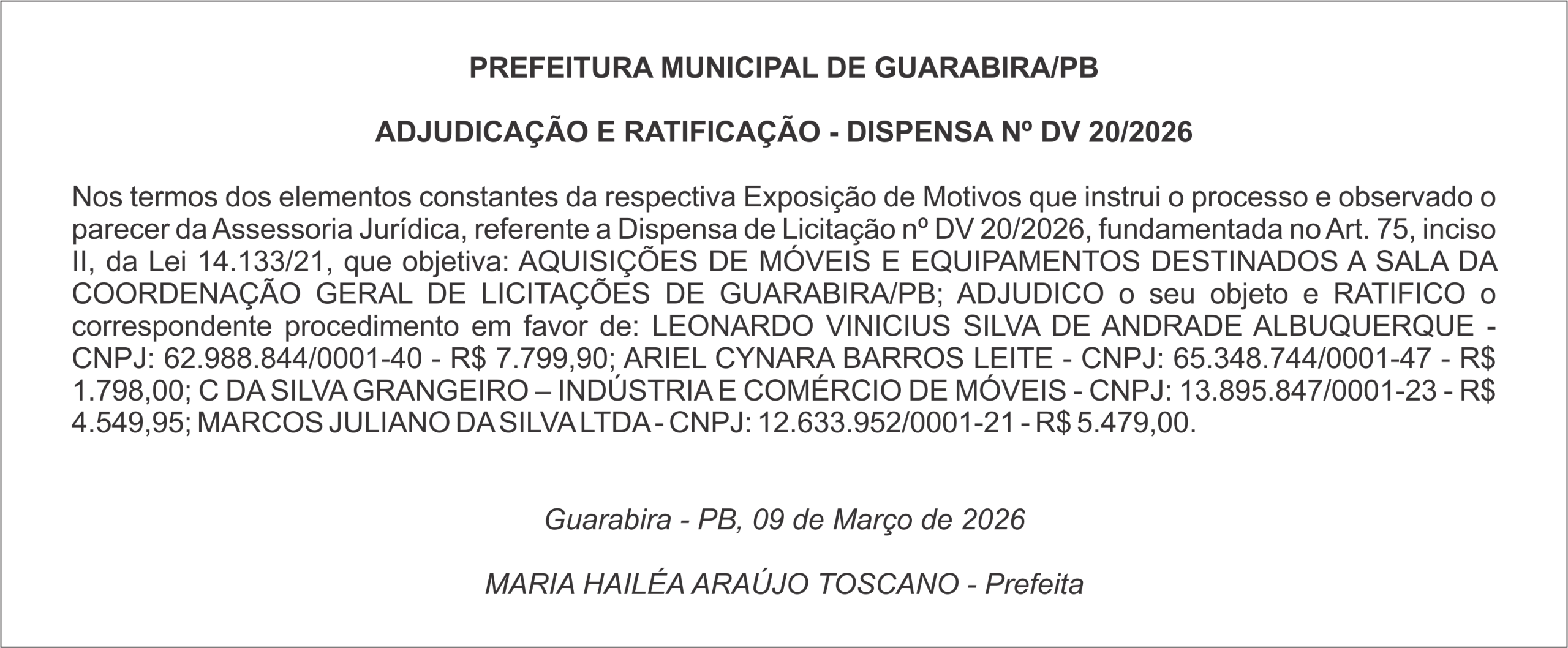 PREFEITURA MUNICIPAL DE GUARABIRA/PB  ADJUDICAÇÃO E RATIFICAÇÃO – DISPENSA Nº DV 20/2026