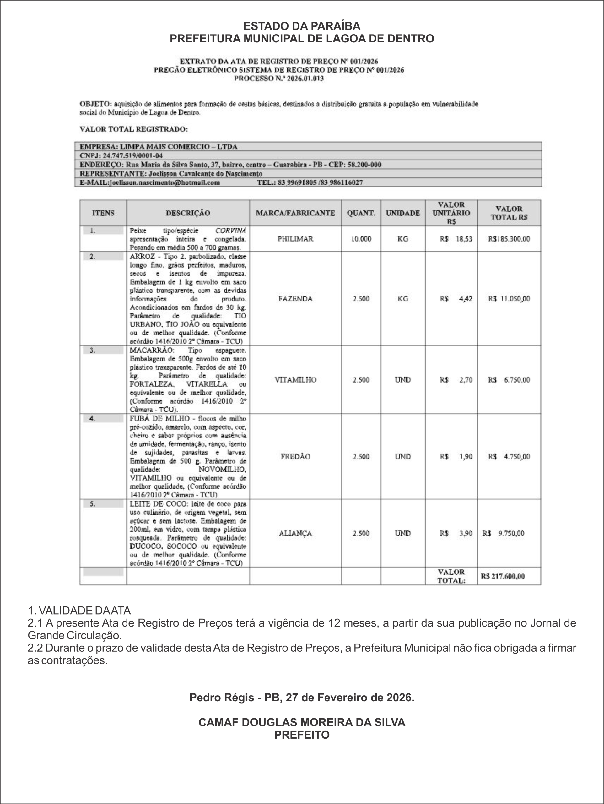 PREFEITURA MUNICIPAL DE LAGOA DE DENTRO – EXTRATO DA ATA DE REGISTRO DE PREÇO Nº 001/2026