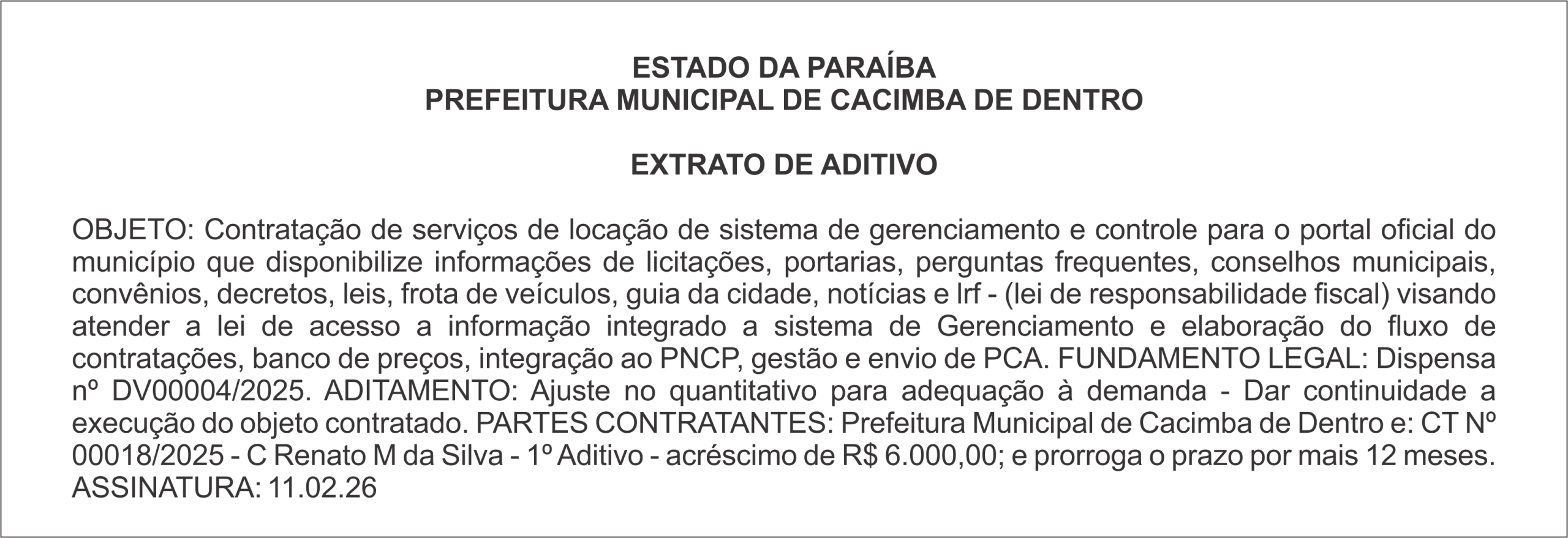 PREFEITURA MUNICIPAL DE CACIMBA DE DENTRO   EXTRATO DE ADITIVO