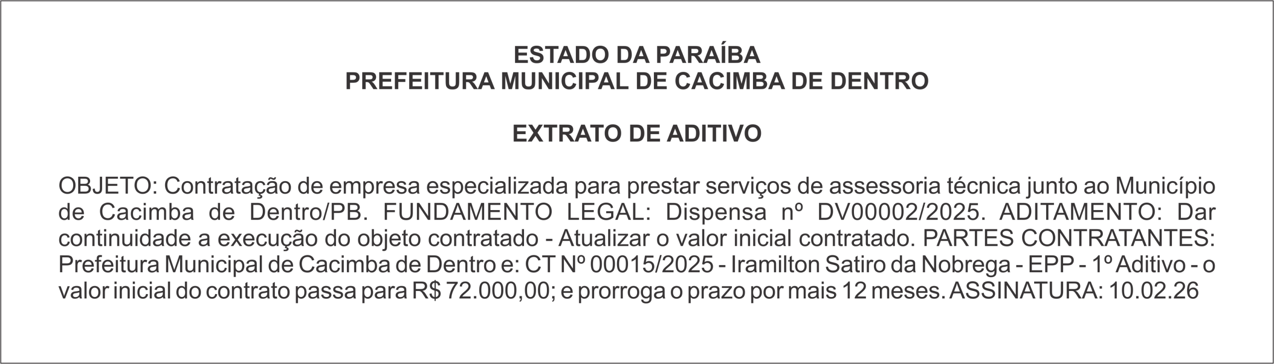 PREFEITURA MUNICIPAL DE CACIMBA DE DENTRO   EXTRATO DE ADITIVO