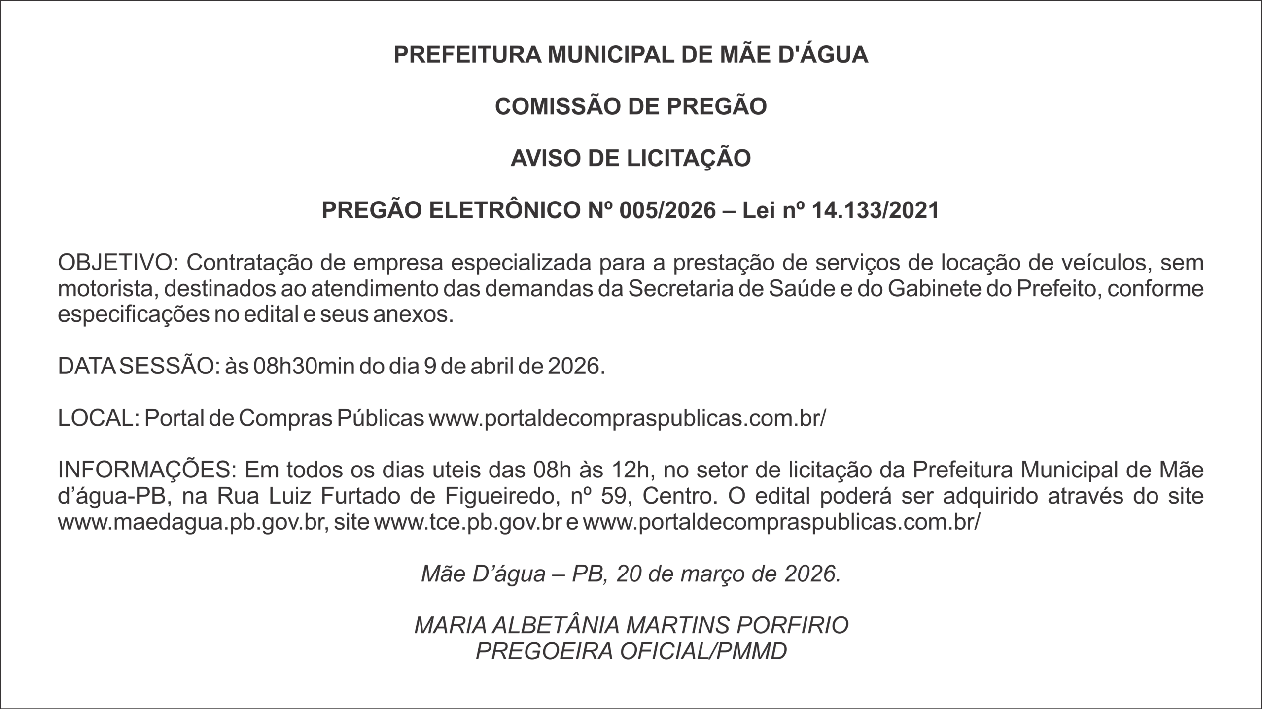 PREFEITURA DE MÃE D’ÁGUA – AVISO DE LICITAÇÃO  PREGÃO ELETRÔNICO Nº 005/2026