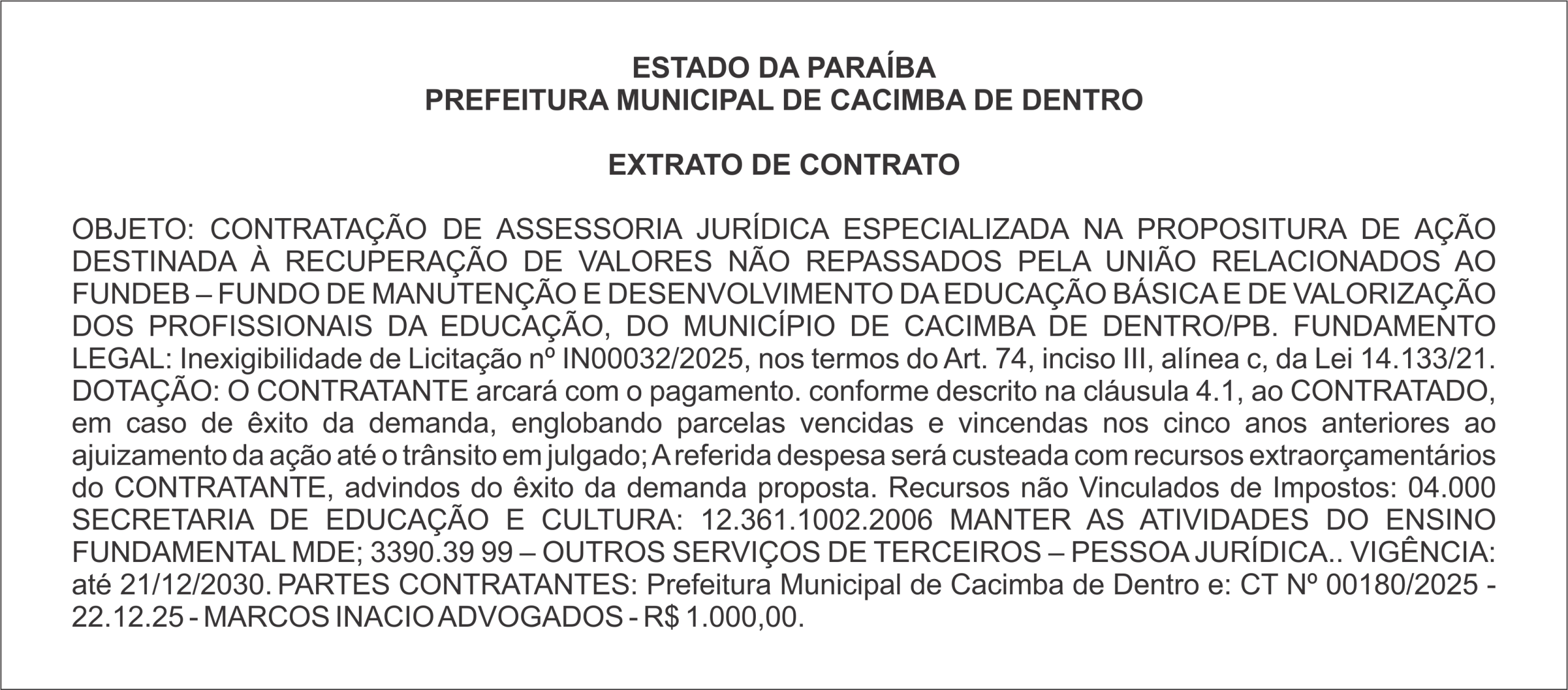 PREFEITURA MUNICIPAL DE CACIMBA DE DENTRO – EXTRATO DE CONTRATO