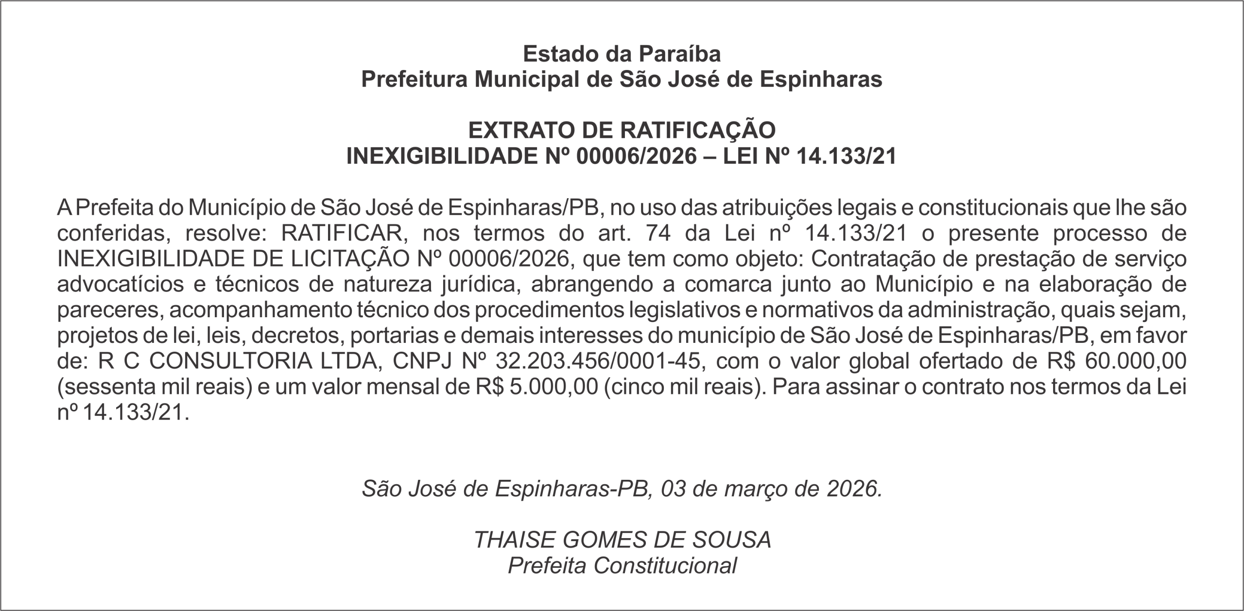 PREFEITURA DE SÃO JOSÉ DE ESPINHARAS – EXTRATO DE RATIFICAÇÃO