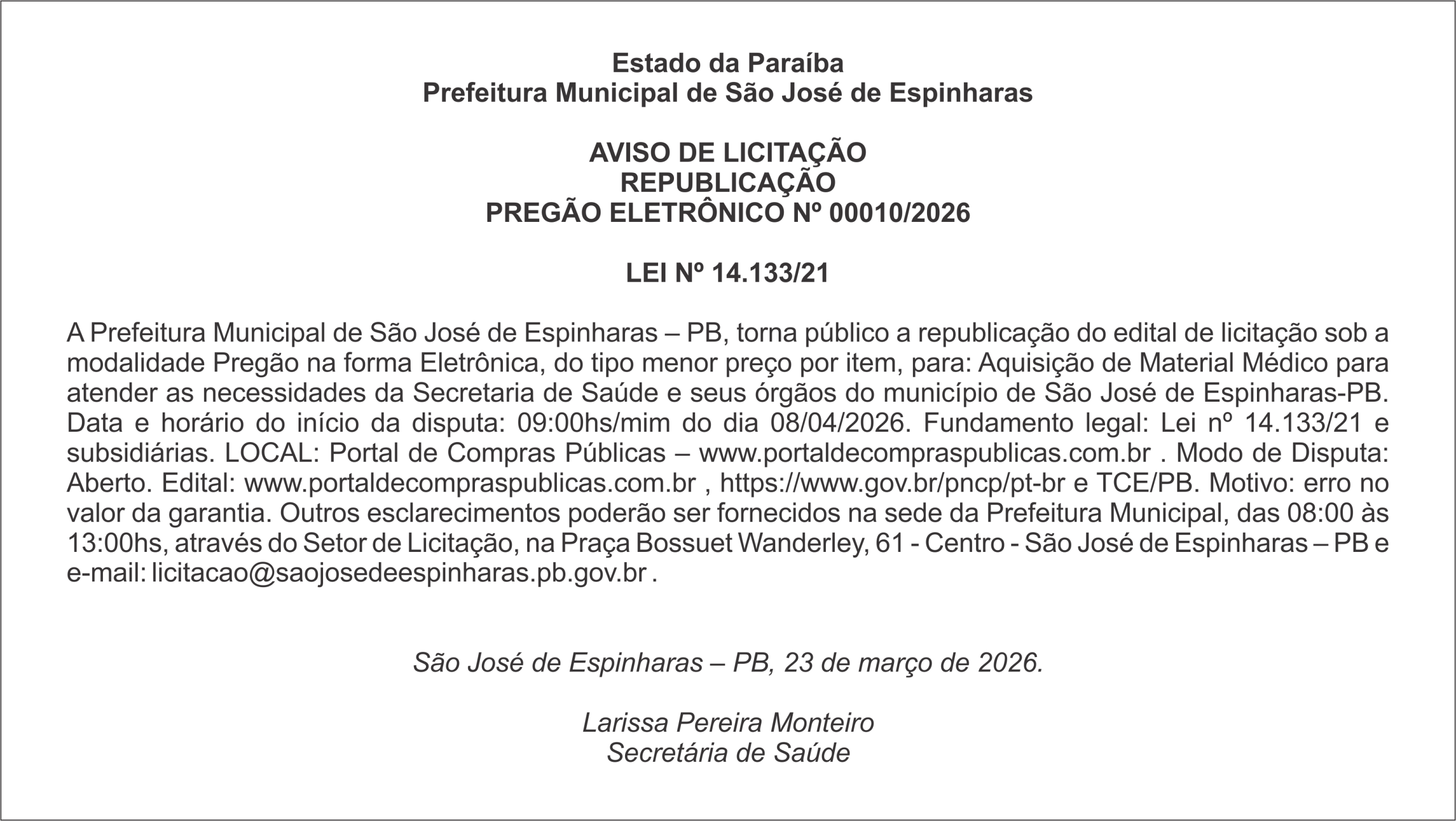 PREFEITURA DE SÃO JOSÉ DE ESPINHARAS  – AVISO DE LICITAÇÃO REPUBLICAÇÃO PREGÃO ELETRÔNICO Nº 00010/2026