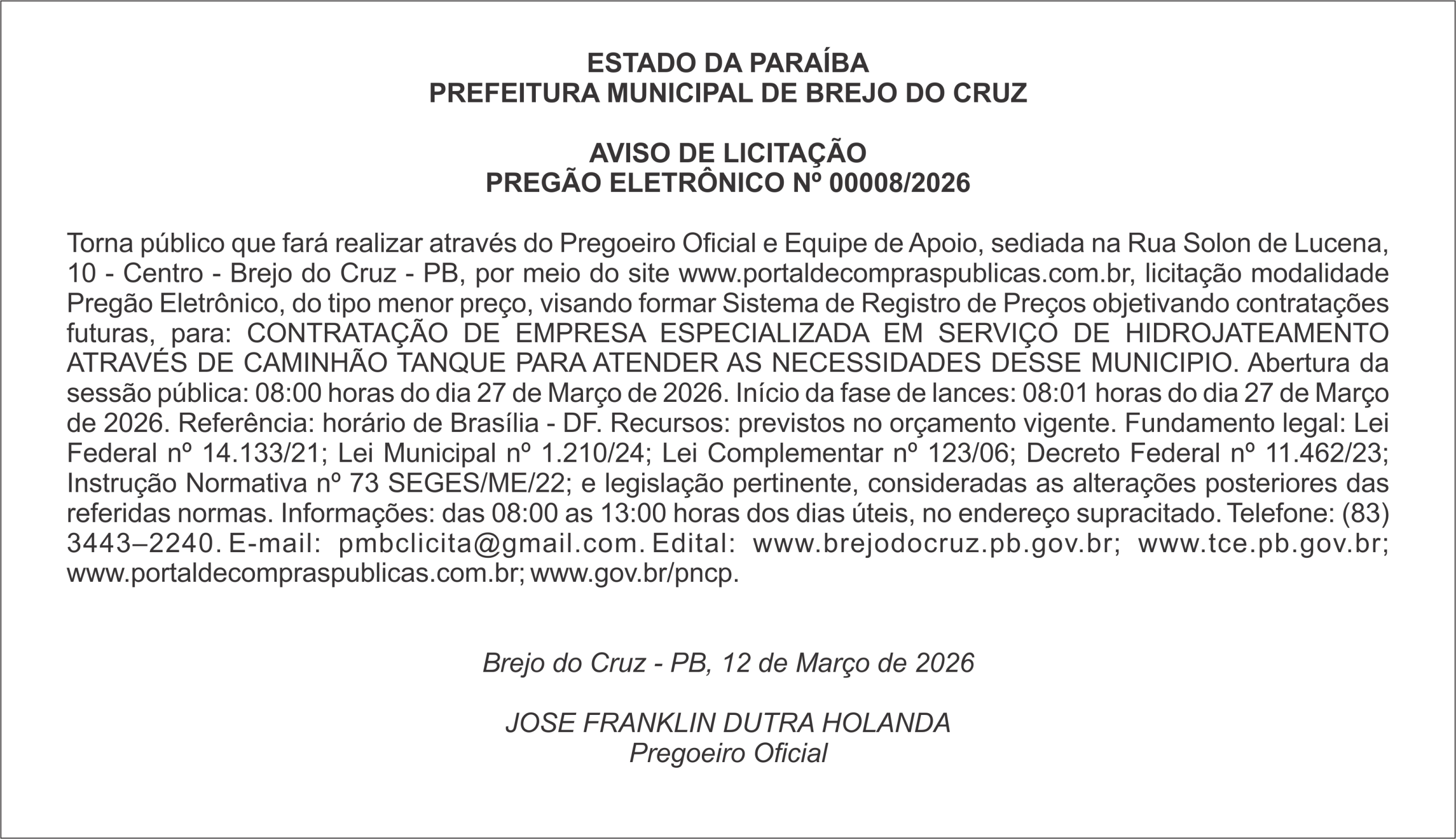 PREFEITURA MUNICIPAL DE BREJO DO CRUZ     AVISO DE LICITAÇÃO PREGÃO ELETRÔNICO Nº 00008/2026
