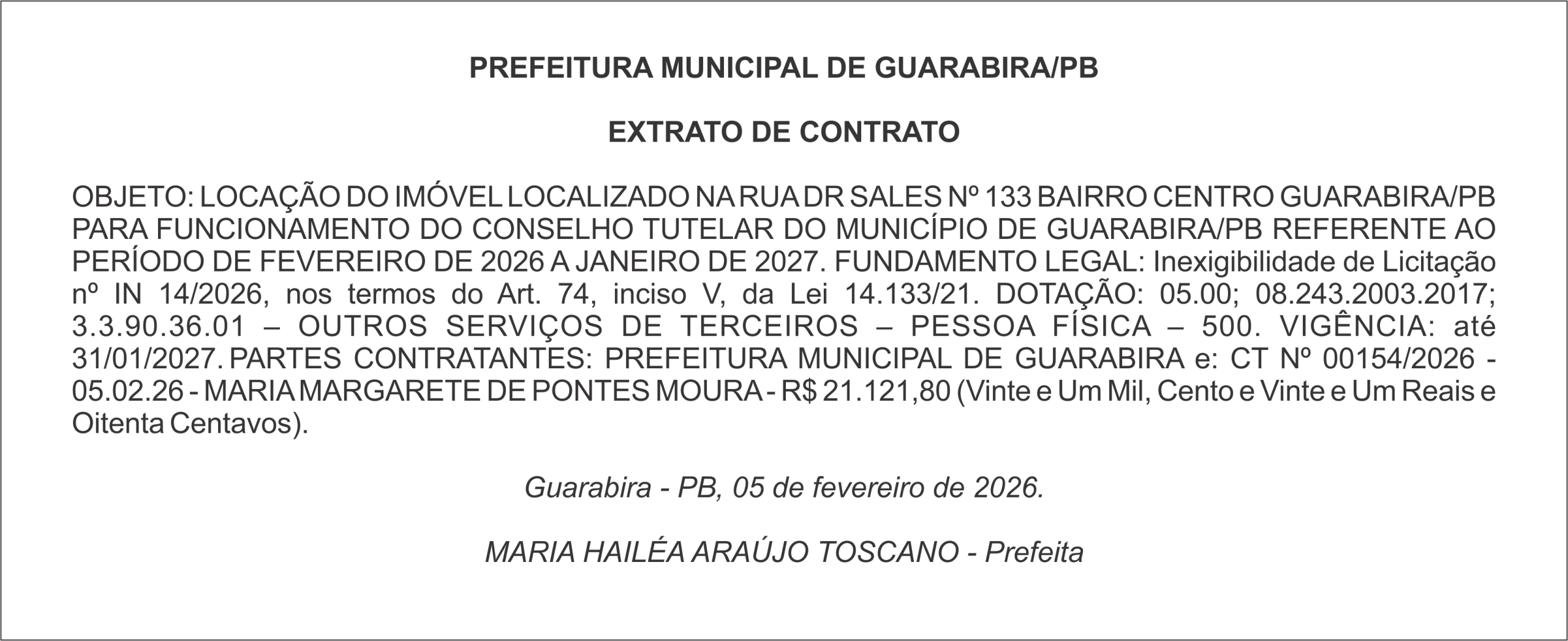 PREFEITURA MUNICIPAL DE GUARABIRA/PB EXTRATO DE CONTRATO