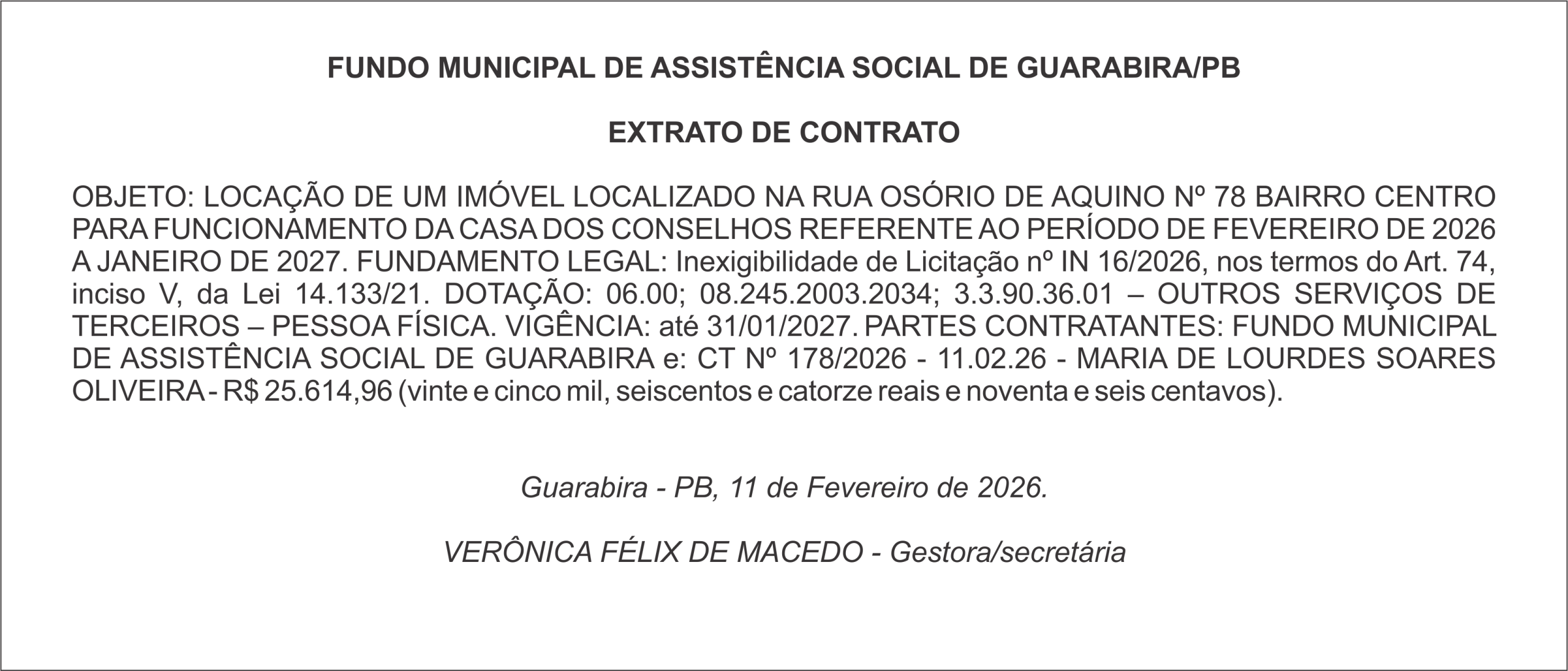 FUNDO MUNICIPAL DE ASSISTÊNCIA SOCIAL DE GUARABIRA/PB  EXTRATO DE CONTRATO