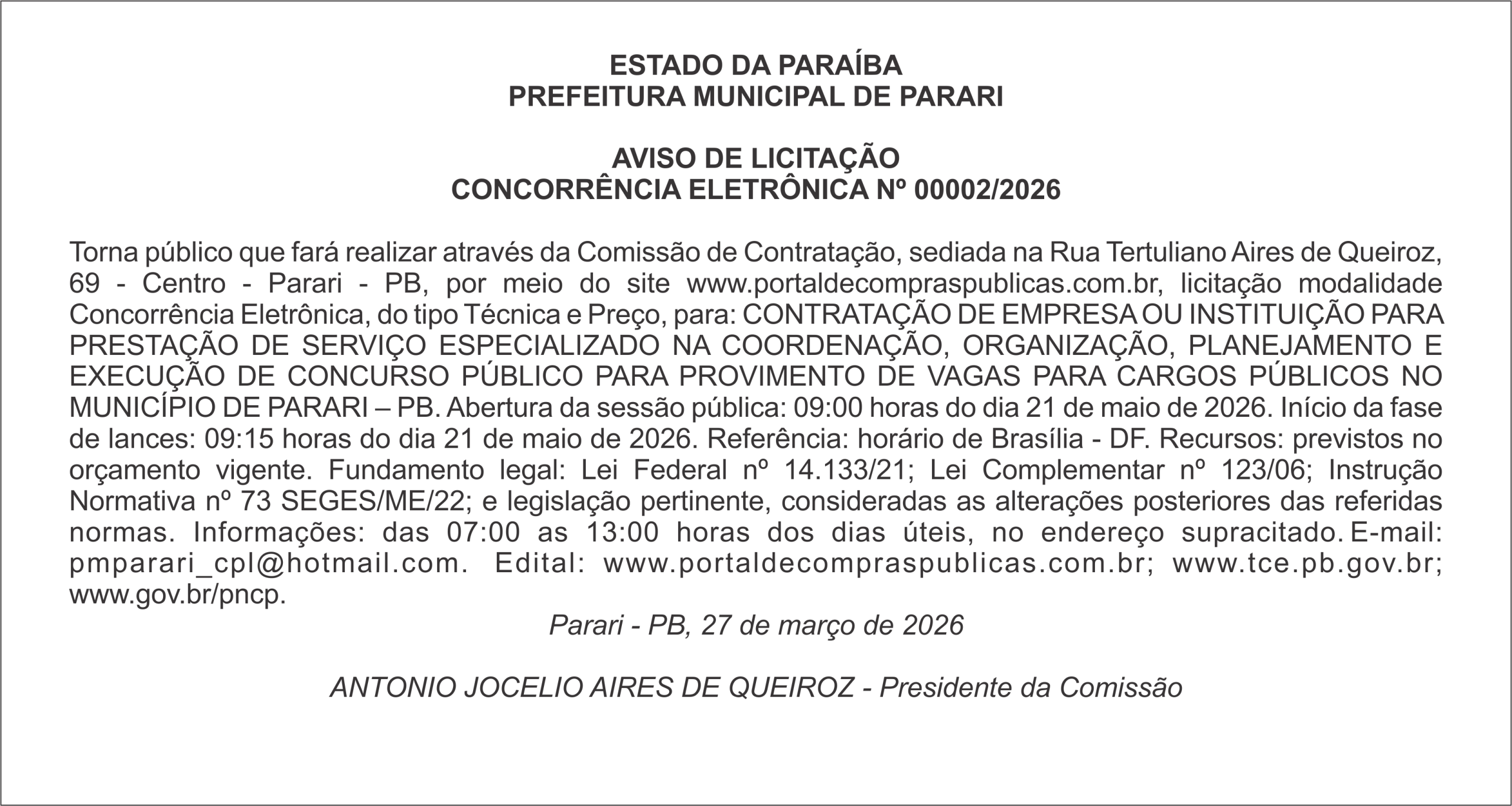 PREFEITURA MUNICIPAL DE PARARI – AVISO DE LICITAÇÃO CONCORRÊNCIA ELETRÔNICA Nº 00002/2026