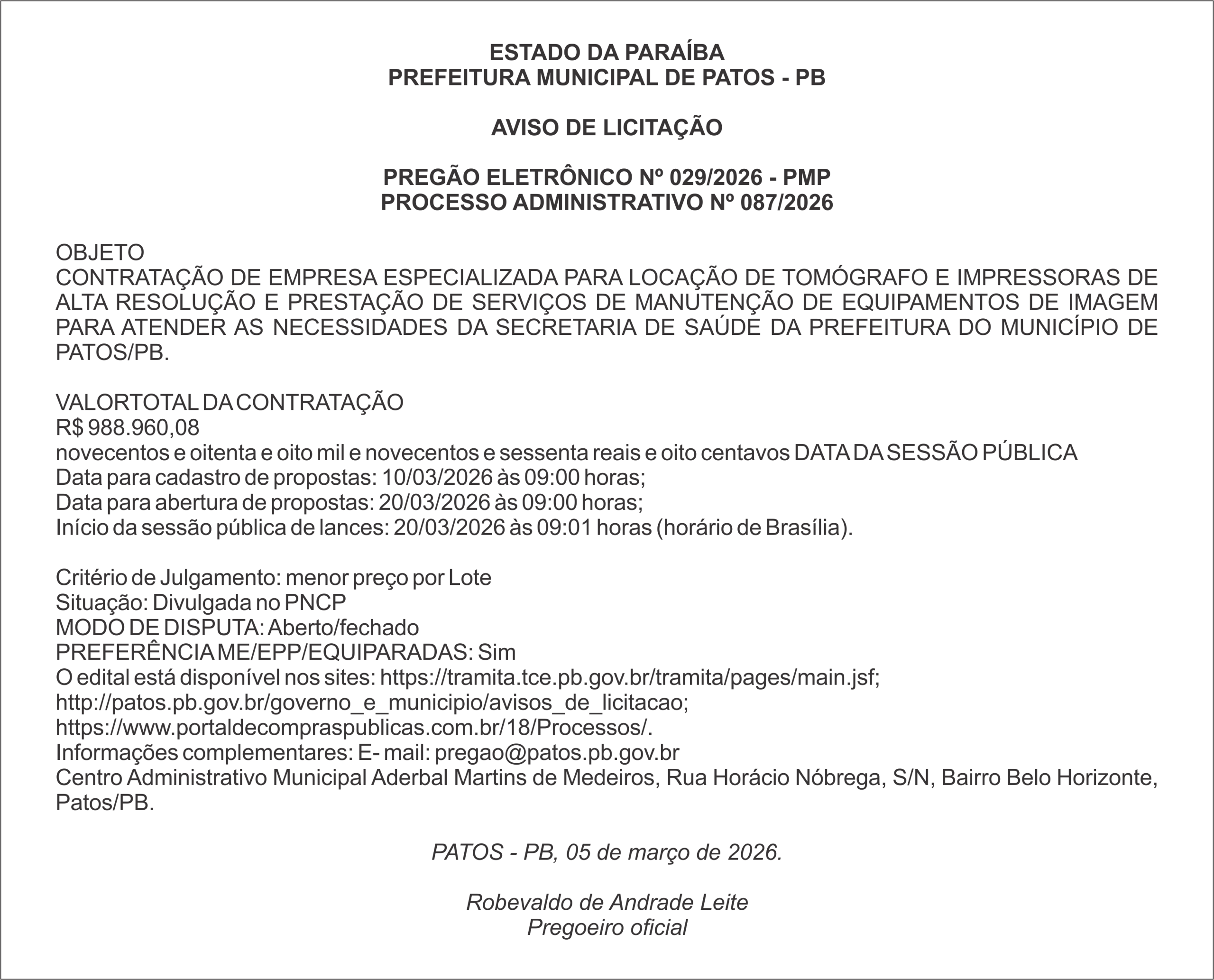 PREFEITURA MUNICIPAL DE PATOS – PB PREGÃO ELETRÔNICO Nº 029/2026 – PMP