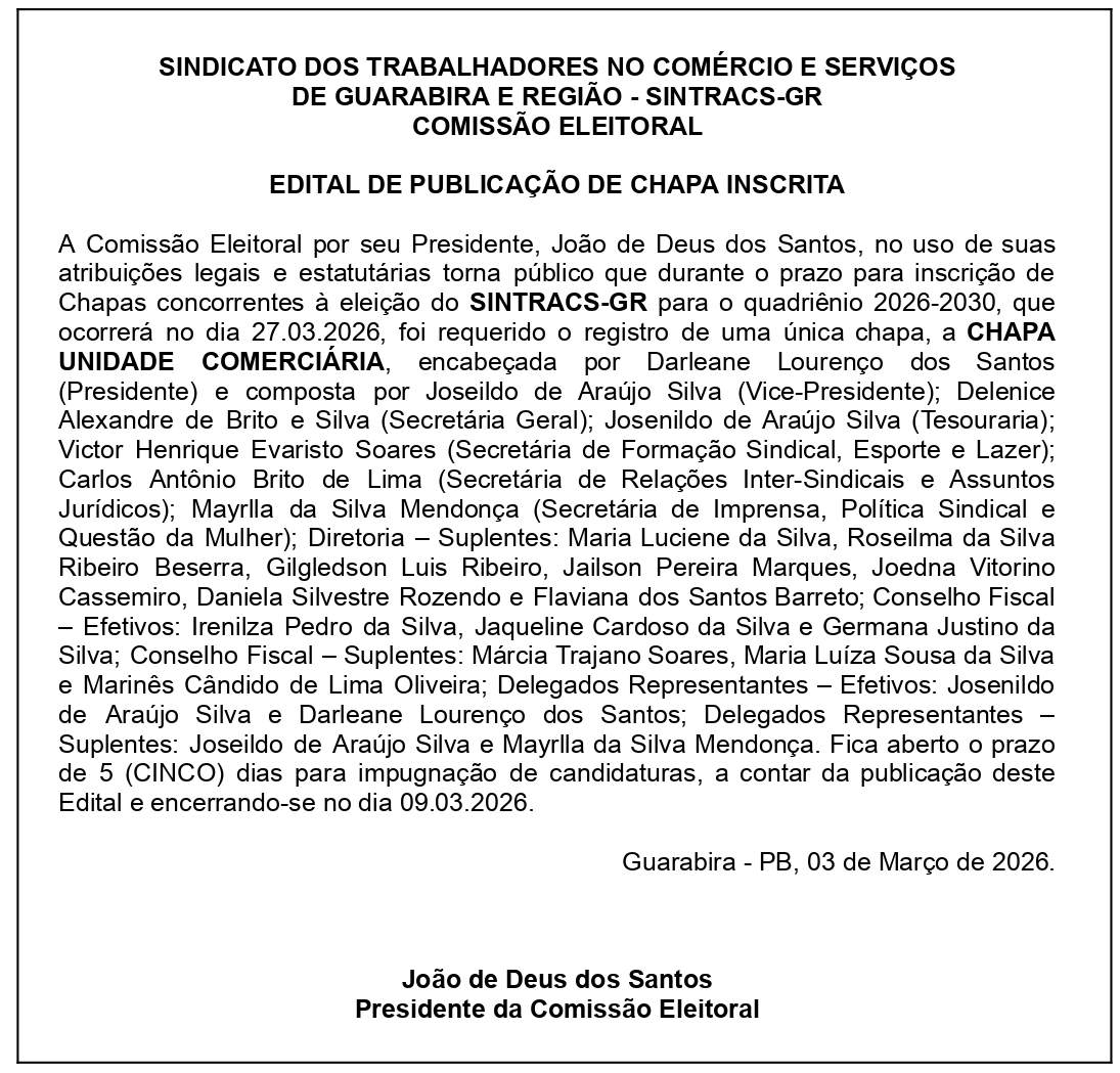 SINTRACS-GR  – EDITAL DE PUBLICAÇÃO DE CHAPA INSCRITA