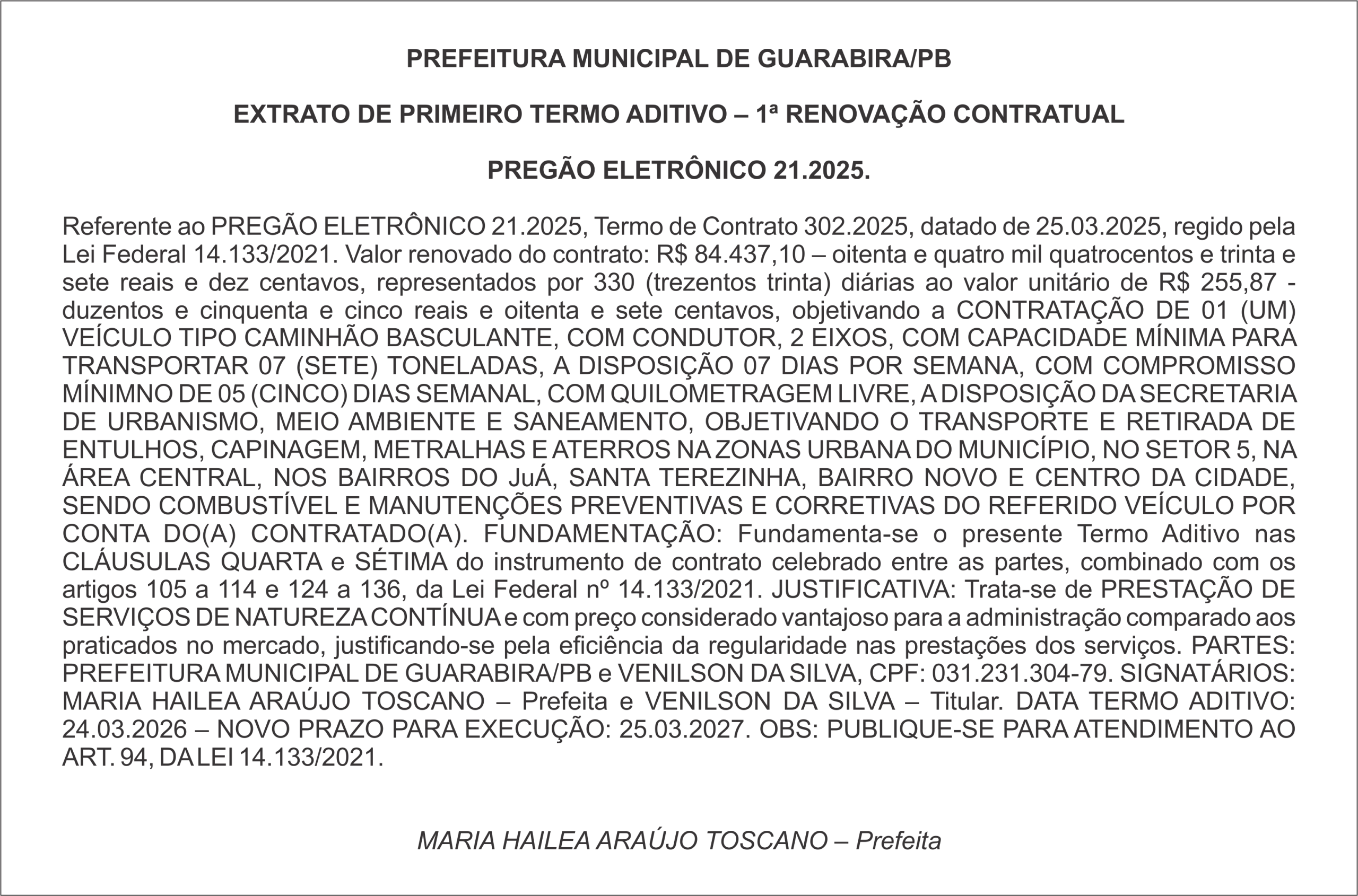 PREFEITURA MUNICIPAL DE GUARABIRA/PB  EXTRATO DE PRIMEIRO TERMO ADITIVO – 1ª RENOVAÇÃO CONTRATUAL  PREGÃO ELETRÔNICO 21.2025.