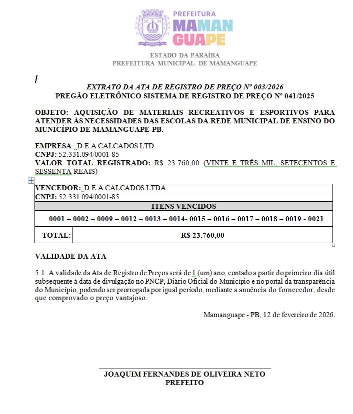 PREFEITURA MUNICIPAL DE MAMANGUAPE – EXTRATO DA ATA DE REGISTRO DE PREÇO Nº 003/2026