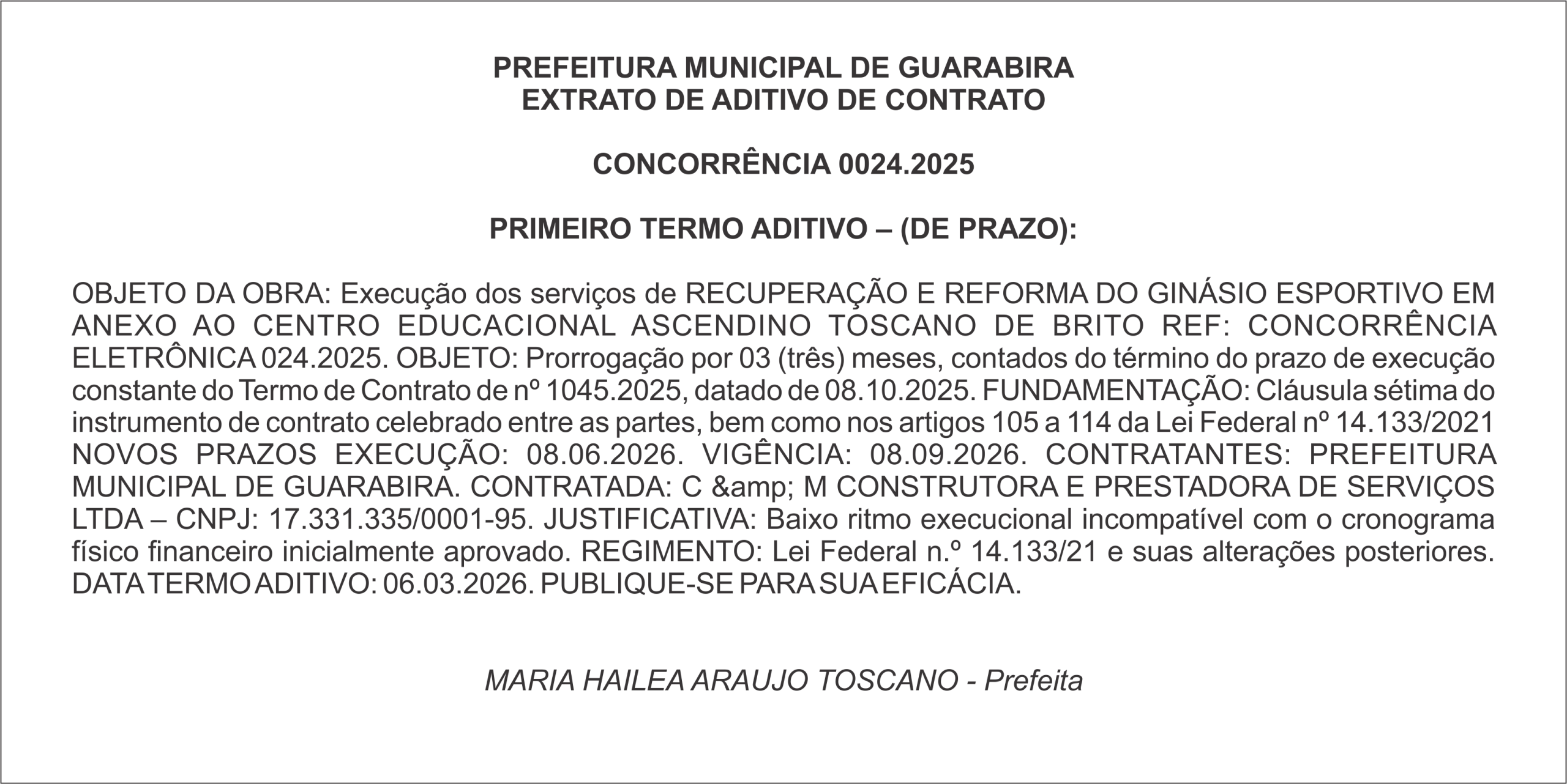 PREFEITURA MUNICIPAL DE GUARABIRA EXTRATO DE ADITIVO DE CONTRATO CONCORRÊNCIA 0024.2025
