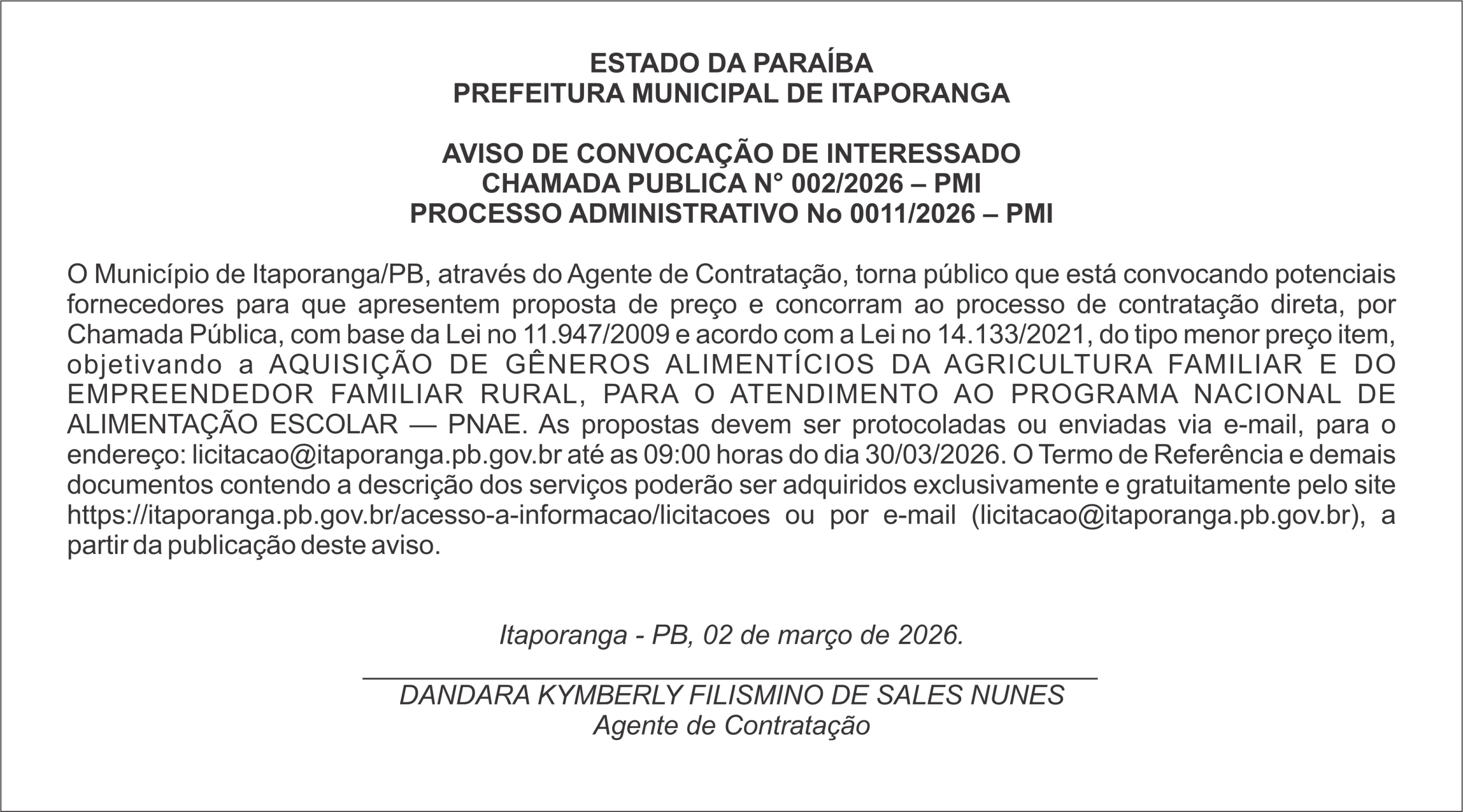 PREFEITURA MUNICIPAL DE ITAPORANGA –  AVISO DE CONVOCAÇÃO DE INTERESSADO CHAMADA PUBLICA N° 002/2026 – PMI