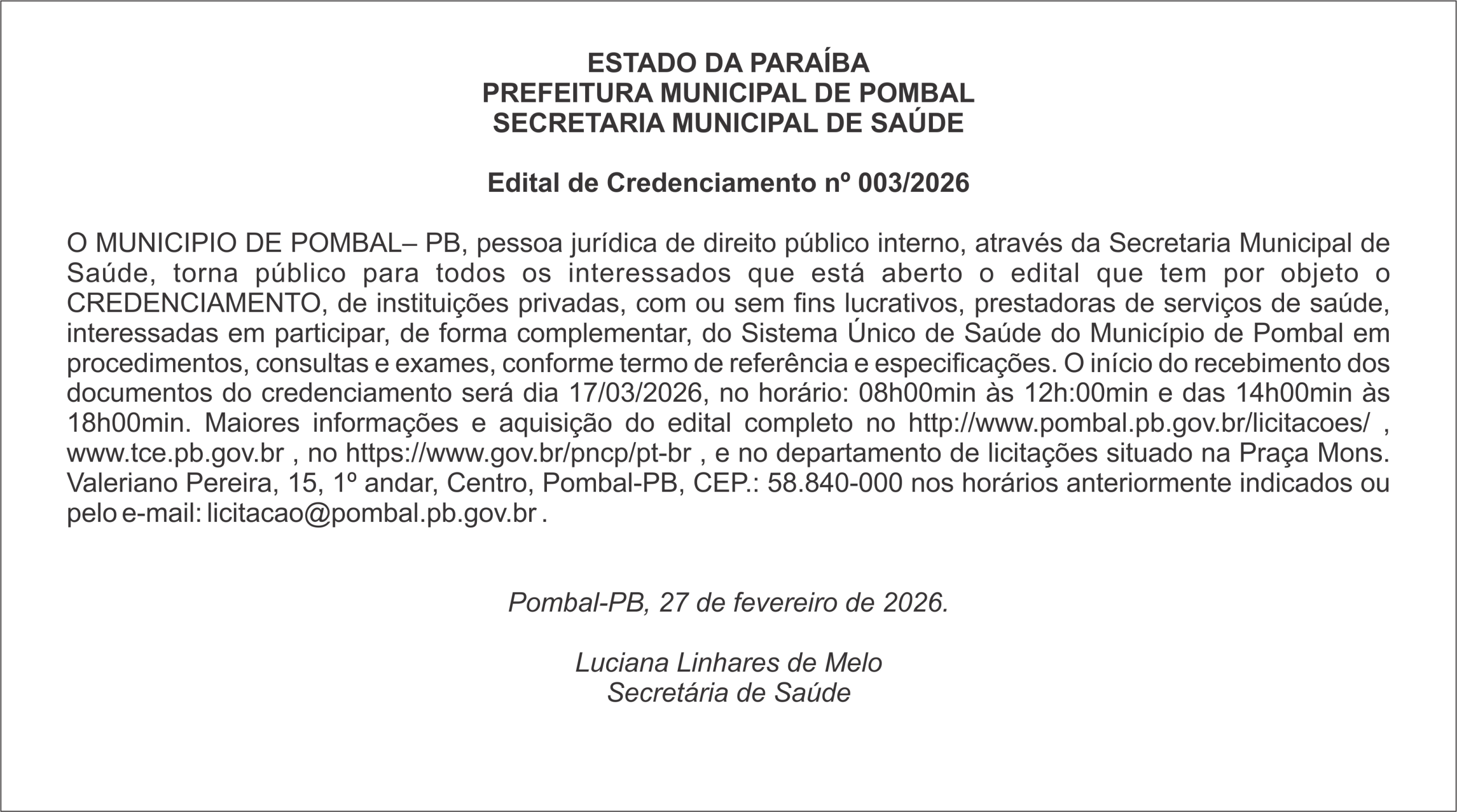 PREFEITURA MUNICIPAL DE POMBAL -Edital de Credenciamento nº 003/2026