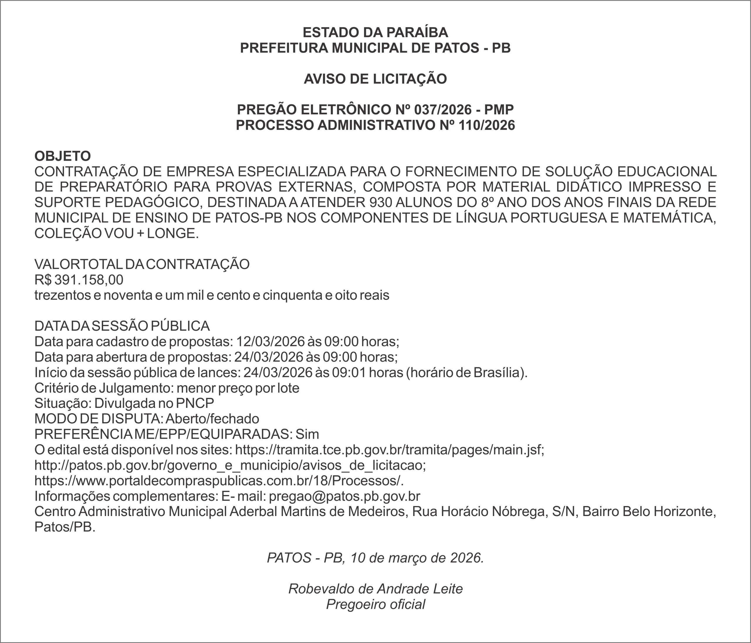 PREFEITURA MUNICIPAL DE PATOS – PB PREGÃO ELETRÔNICO Nº 037/2026 – PMP