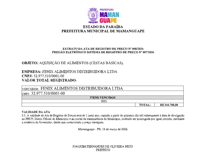 PREFEITURA MUNICIPAL DE MAMANGUAPE  – EXTRATO DA ATA DE REGISTRO DE PREÇO Nº 008/2026