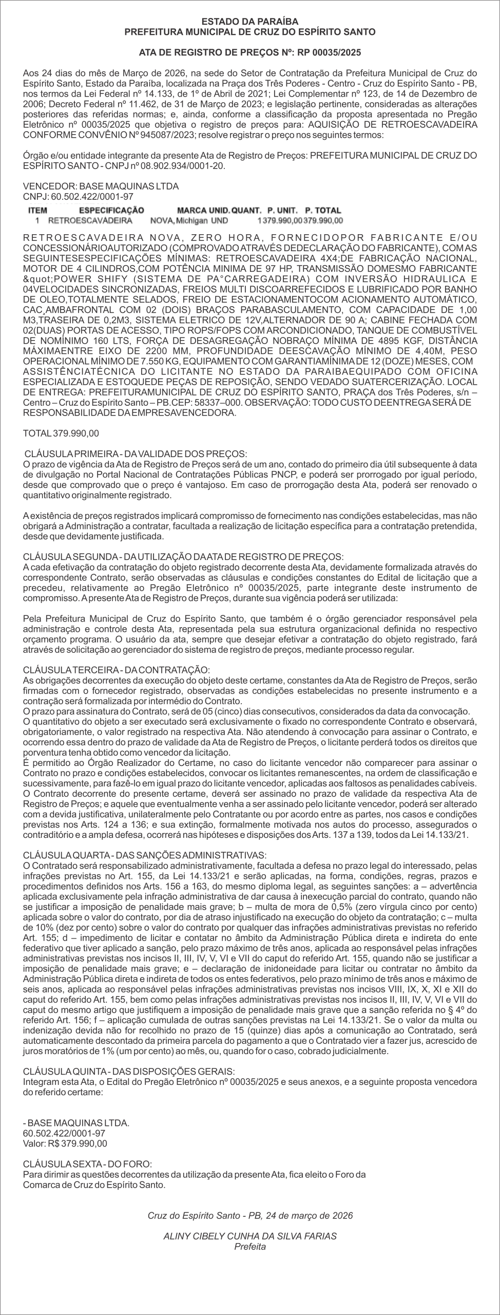 PREFEITURA MUNICIPAL DE CRUZ DO ESPÍRITO SANTO     ATA DE REGISTRO DE PREÇOS Nº: RP 00035/2025