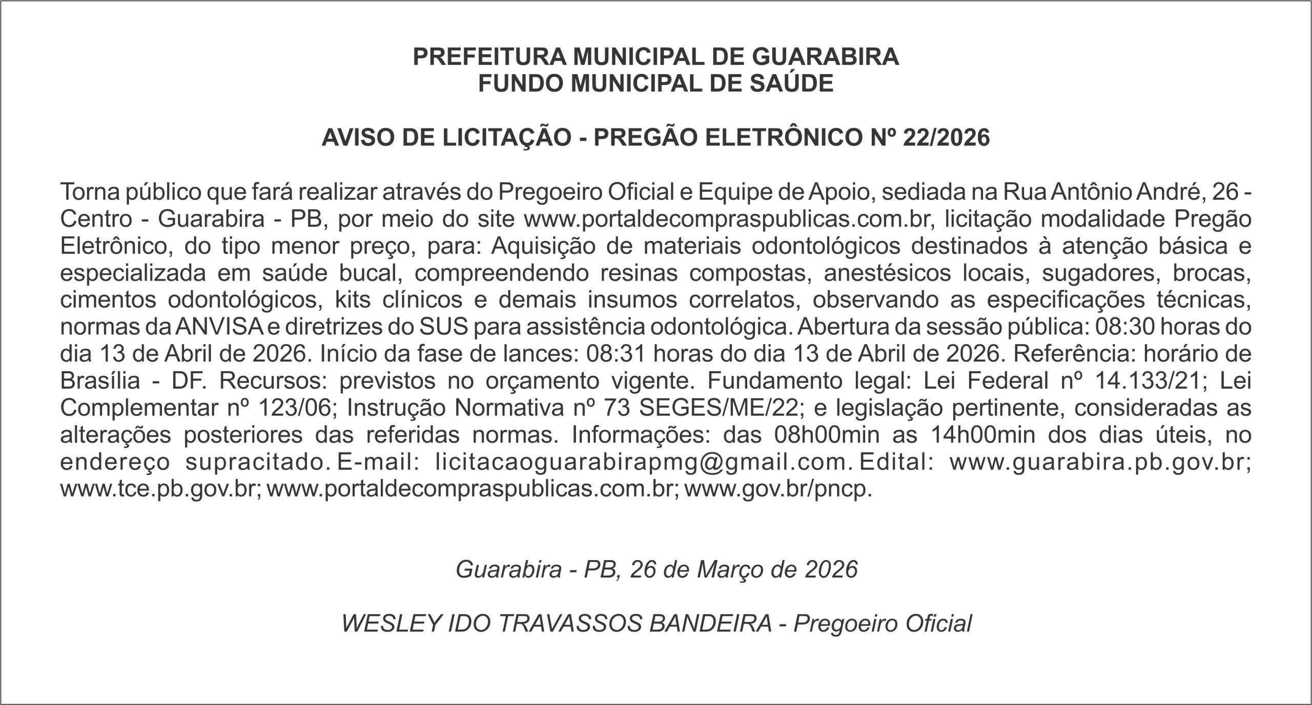 PREFEITURA MUNICIPAL DE GUARABIRA – FUNDO MUNICIPAL DE SAÚDE  AVISO DE LICITAÇÃO – PREGÃO ELETRÔNICO Nº 22/2026