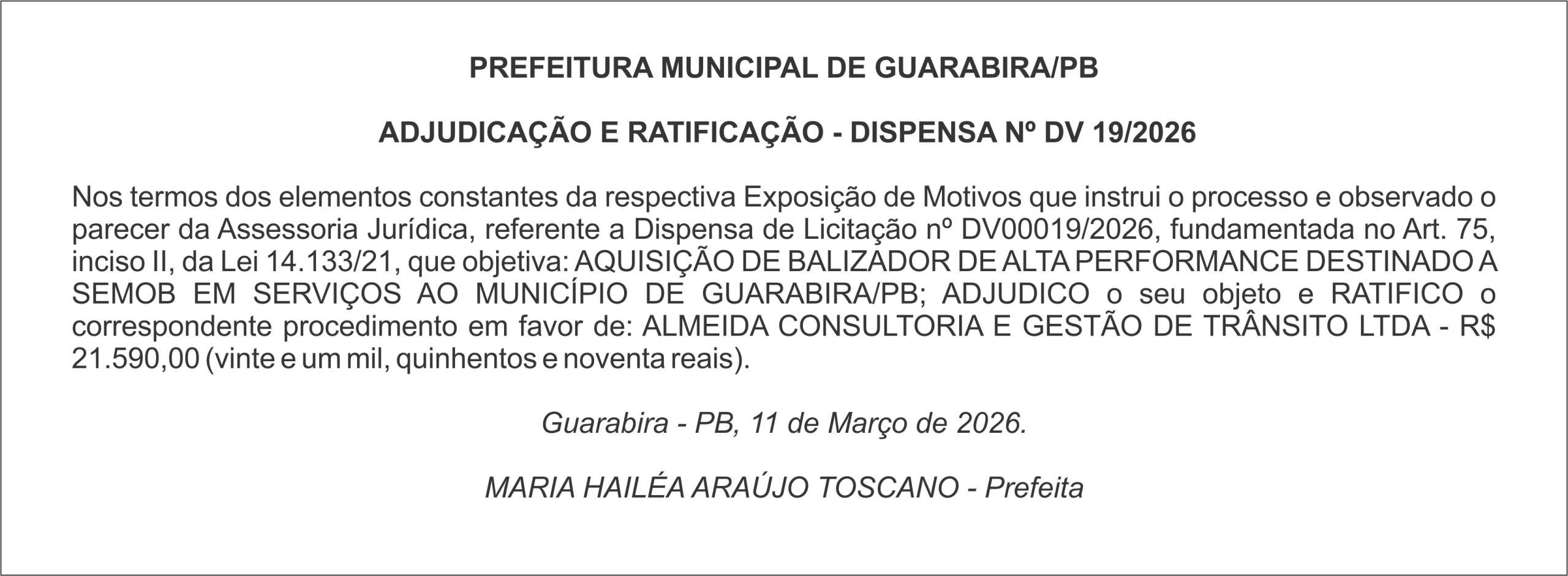 PREFEITURA MUNICIPAL DE GUARABIRA/PB  ADJUDICAÇÃO E RATIFICAÇÃO – DISPENSA Nº DV 19/2026