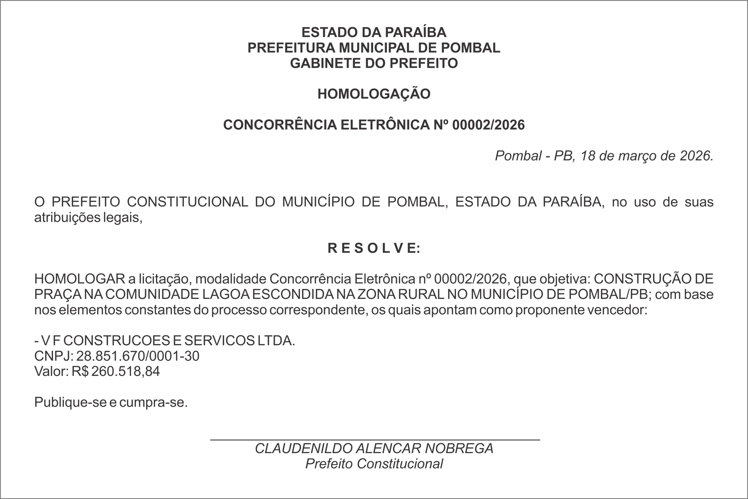 PREFEITURA MUNICIPAL DE POMBAL – HOMOLOGAÇÃO – CONCORRÊNCIA ELETRÔNICA Nº 00002/2026