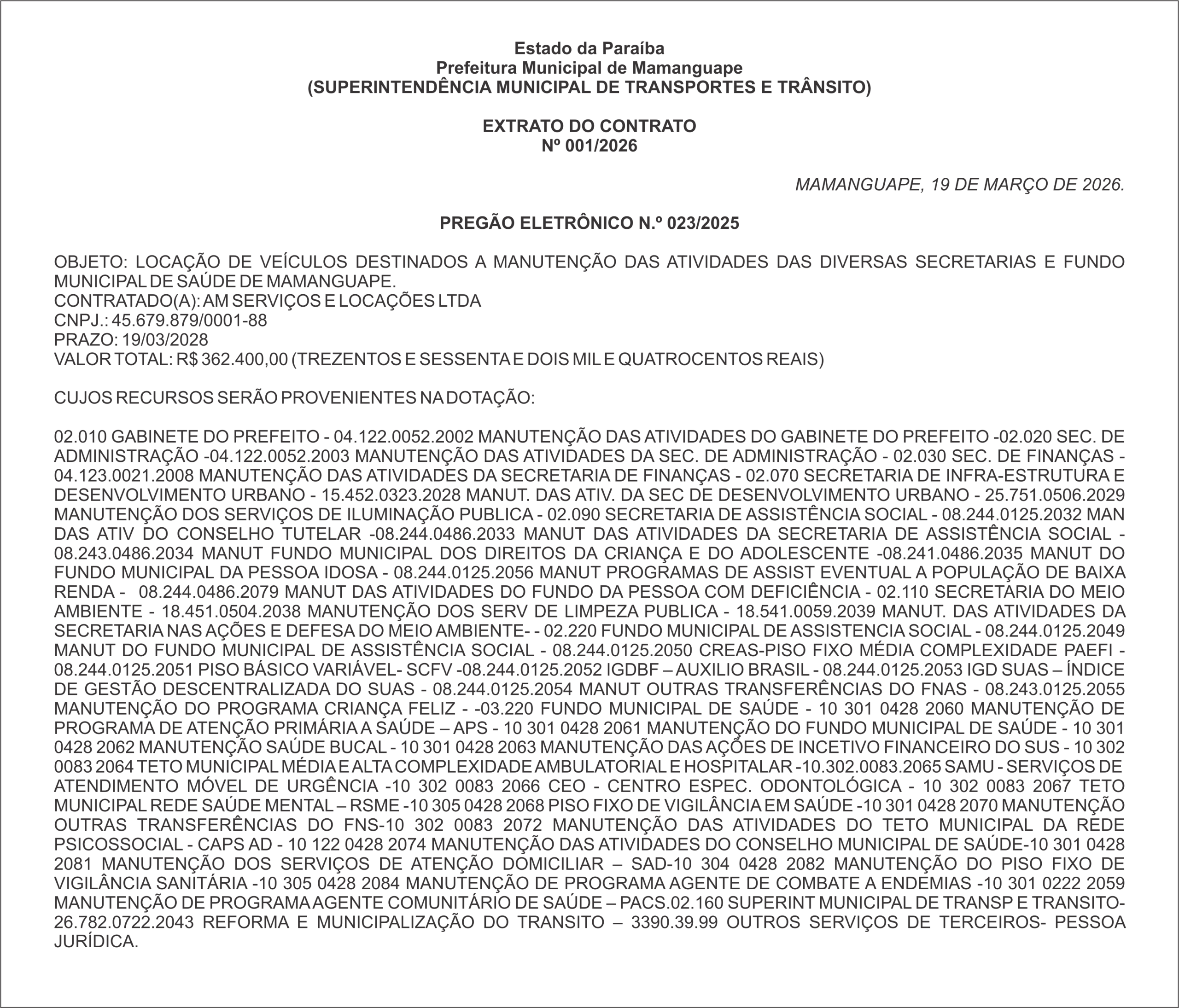 PREFEITURA DE MAMANGUAPE – EXTRATO DO CONTRATO Nº 001/2026