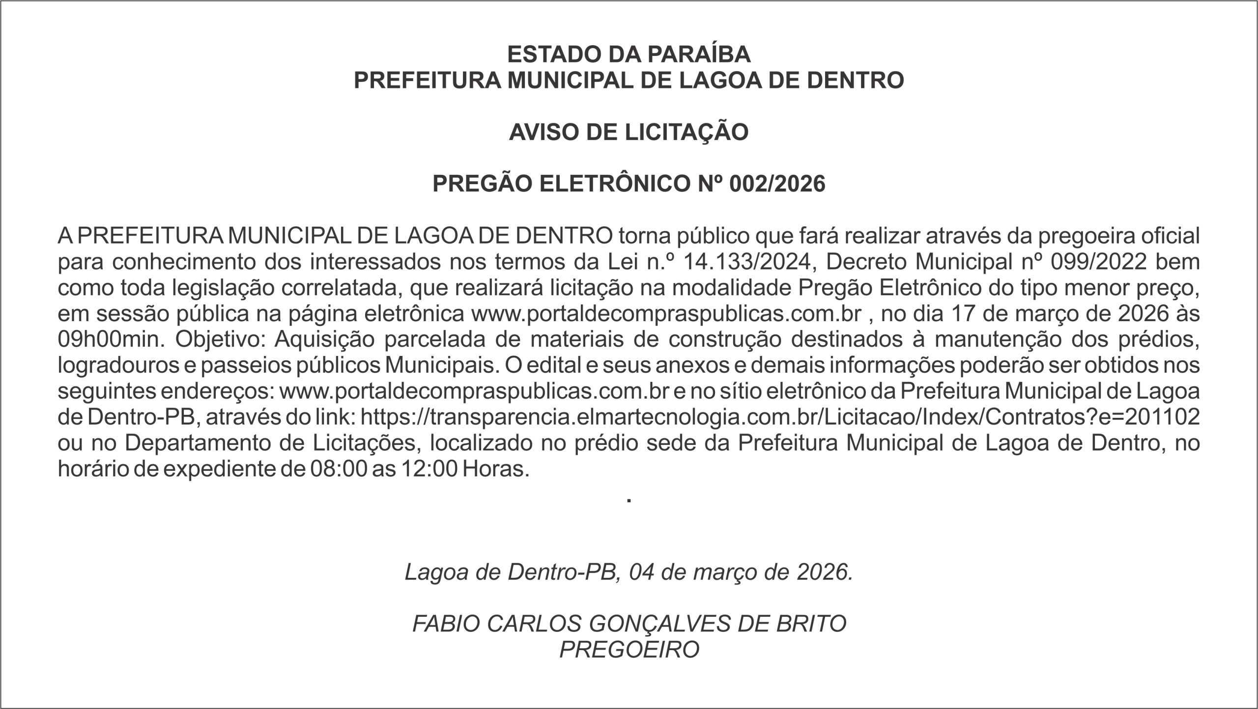 PREFEITURA MUNICIPAL DE LAGOA DE DENTRO – AVISO DE LICITAÇÃO  PREGÃO ELETRÔNICO Nº 002/2026