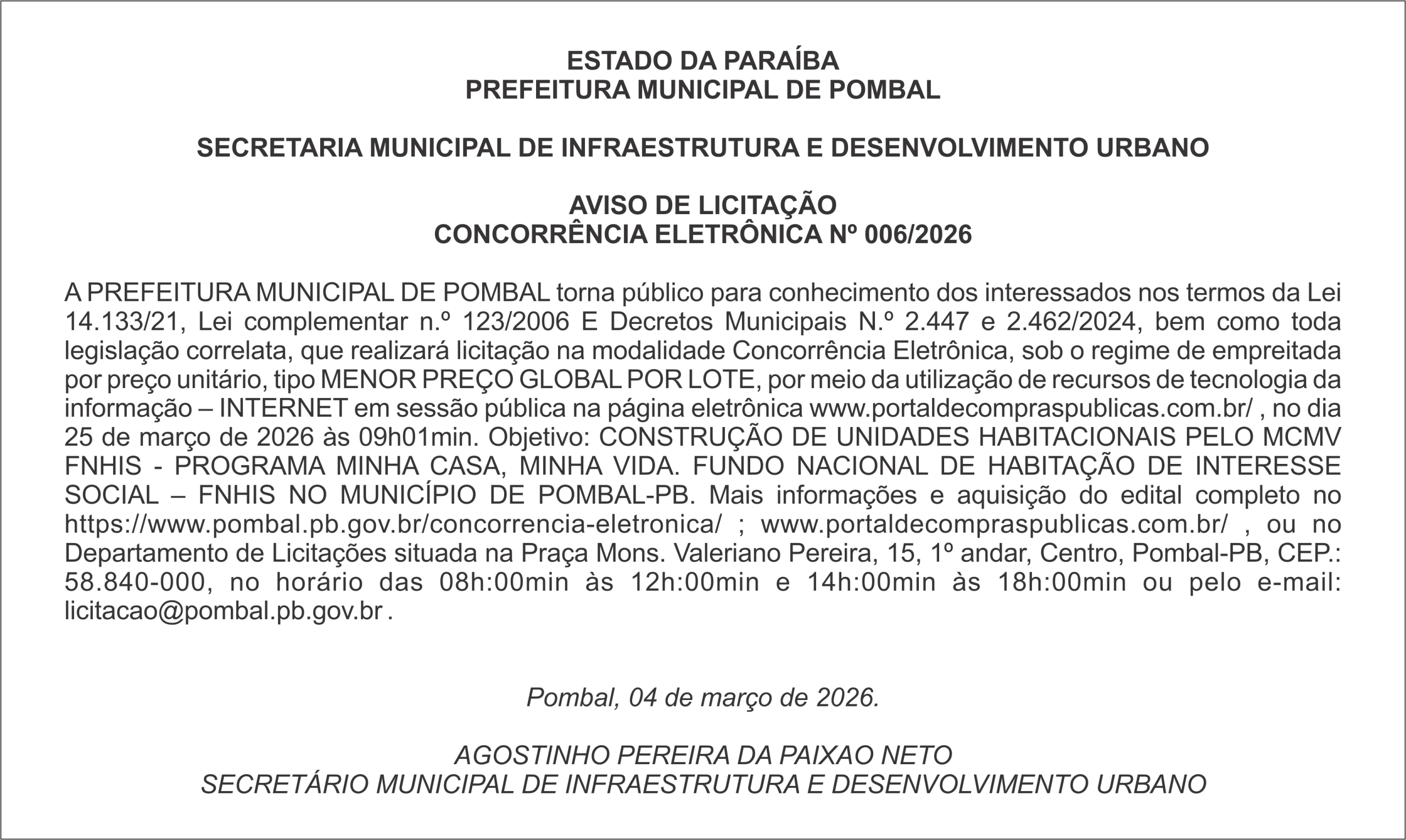 PREFEITURA MUNICIPAL DE POMBAL – AVISO DE LICITAÇÃO CONCORRÊNCIA ELETRÔNICA Nº 006/2026
