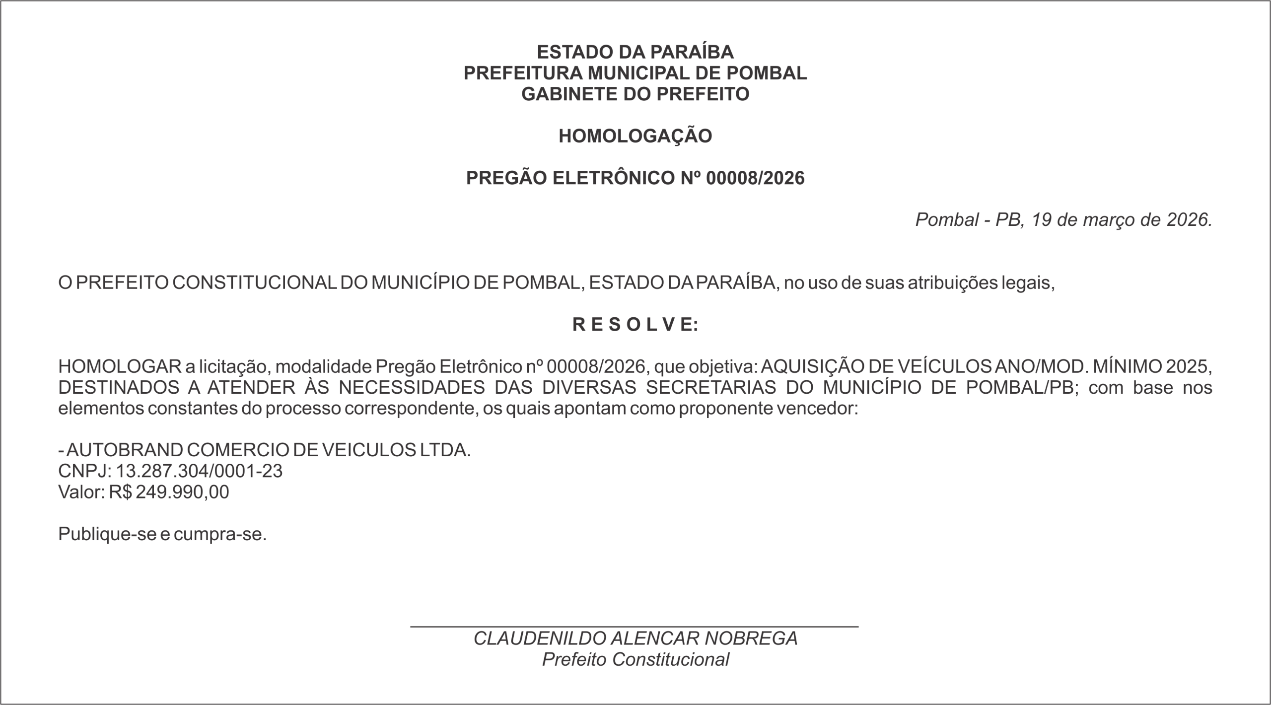 PREFEITURA MUNICIPAL DE POMBAL- HOMOLOGAÇÃO – PREGÃO ELETRÔNICO Nº 00008/2026