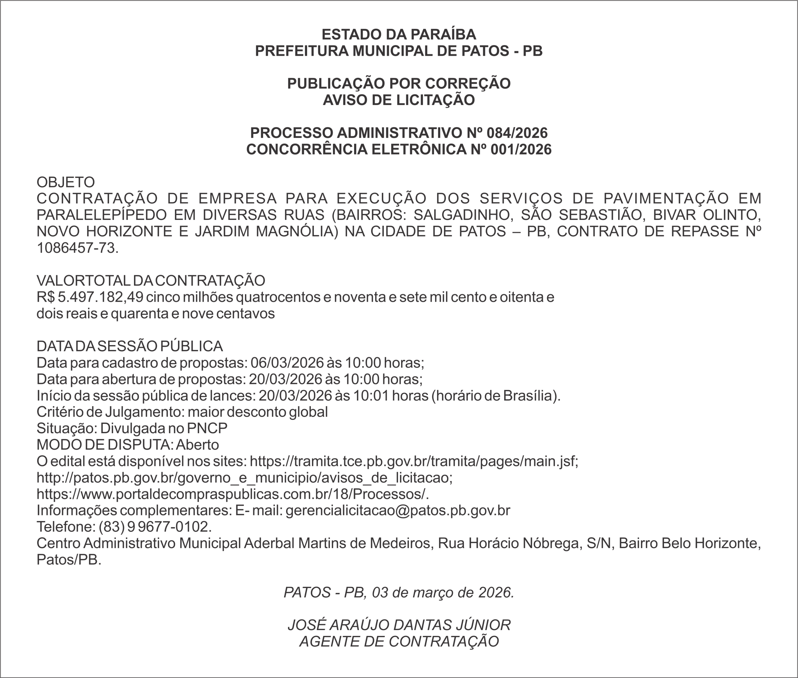 PREFEITURA MUNICIPAL DE PATOS – PB – PROCESSO ADMINISTRATIVO Nº 084/2026