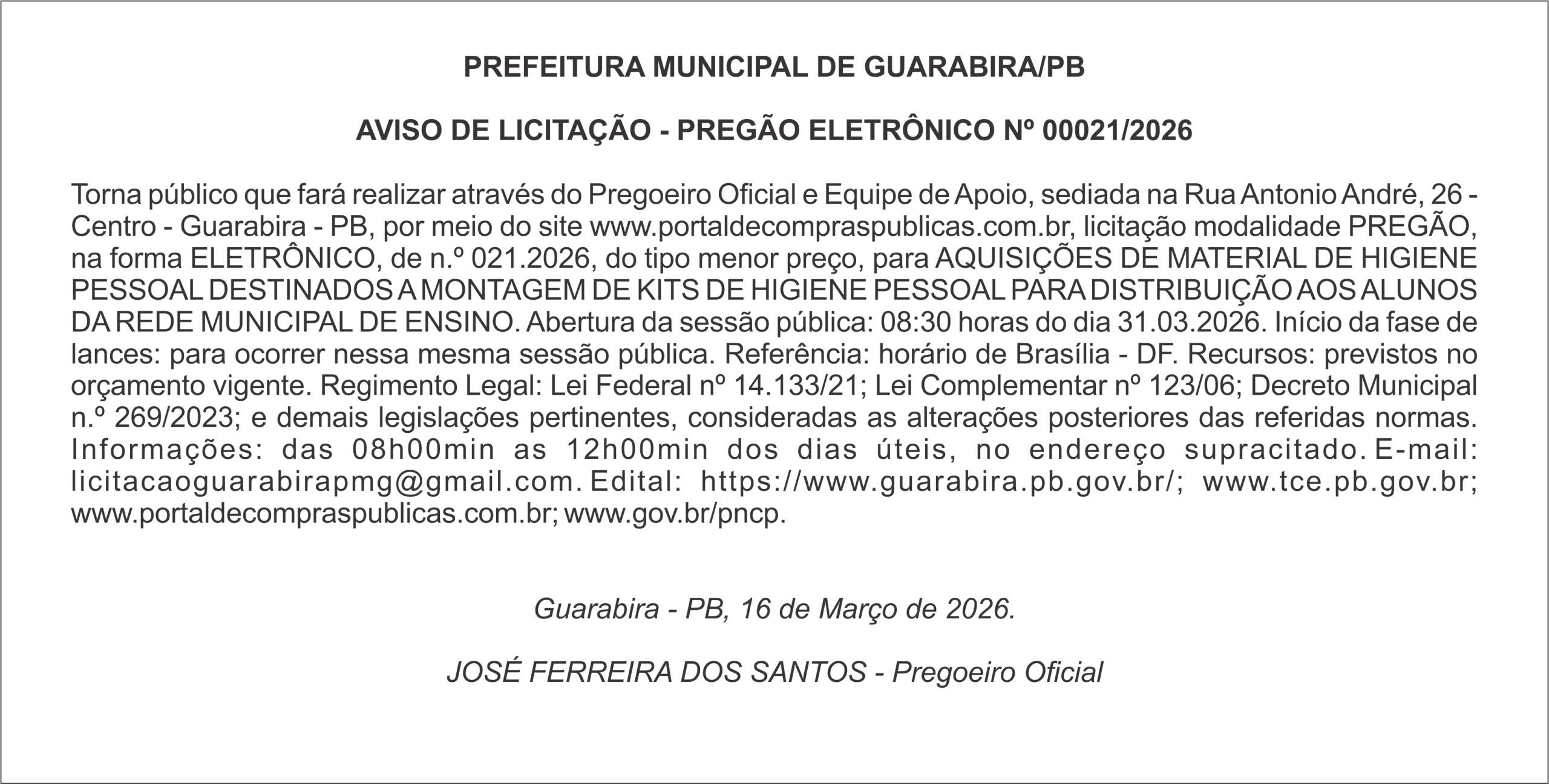 PREFEITURA MUNICIPAL DE GUARABIRA/PB – AVISO DE LICITAÇÃO – PREGÃO ELETRÔNICO Nº 00021/2026