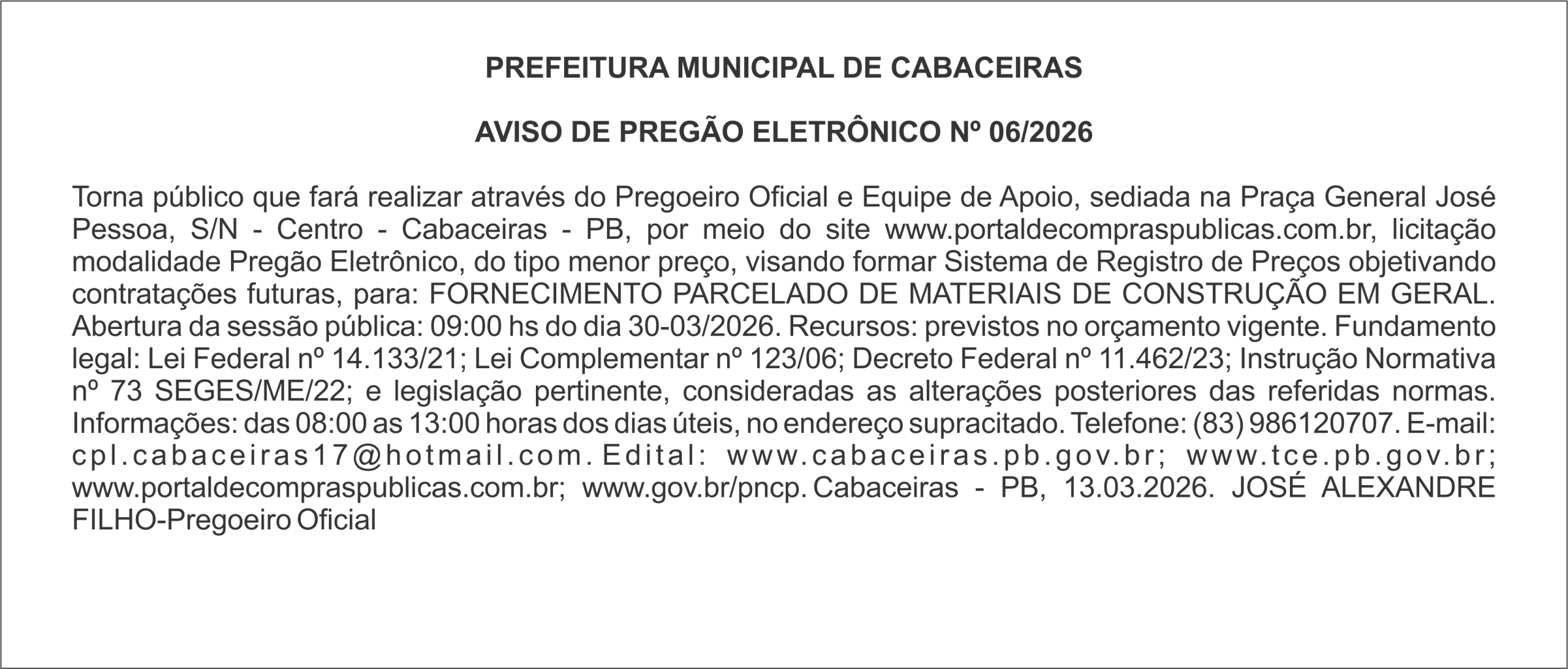 PREFEITURA MUNICIPAL DE CABACEIRAS  – AVISO DE PREGÃO ELETRÔNICO Nº 06/2026
