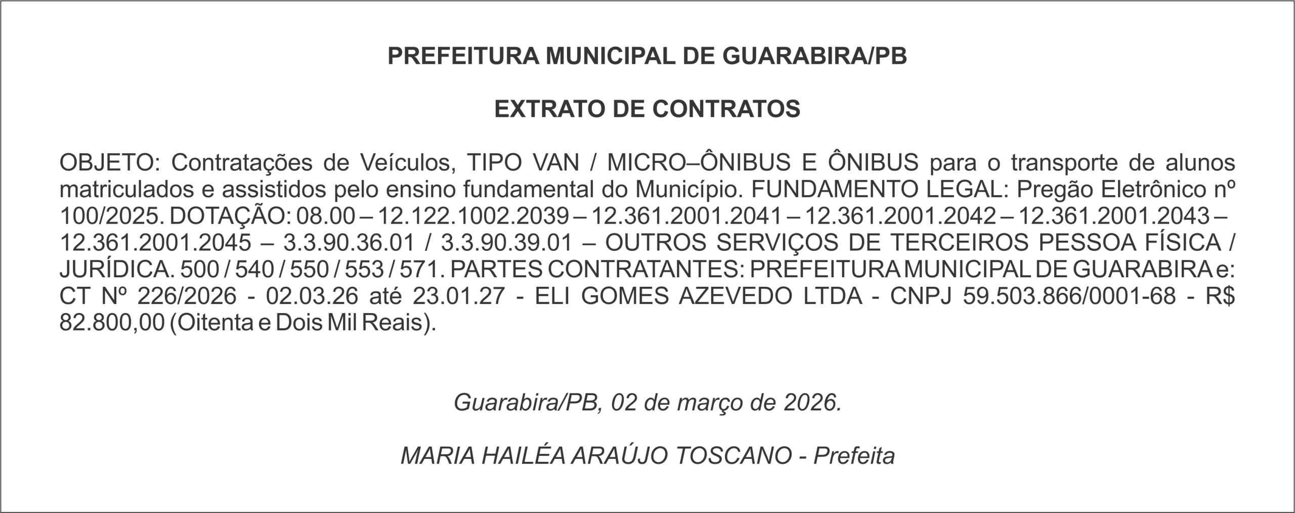 PREFEITURA MUNICIPAL DE GUARABIRA/PB  EXTRATO DE CONTRATOS