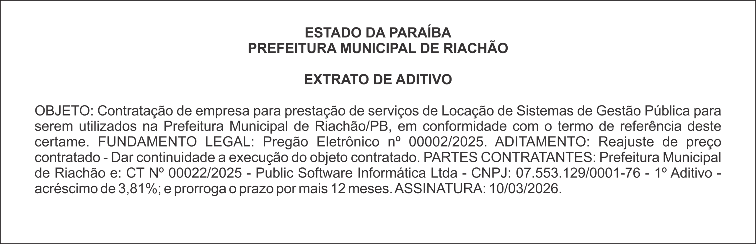 PREFEITURA MUNICIPAL DE RIACHÃO – EXTRATO DE ADITIVO