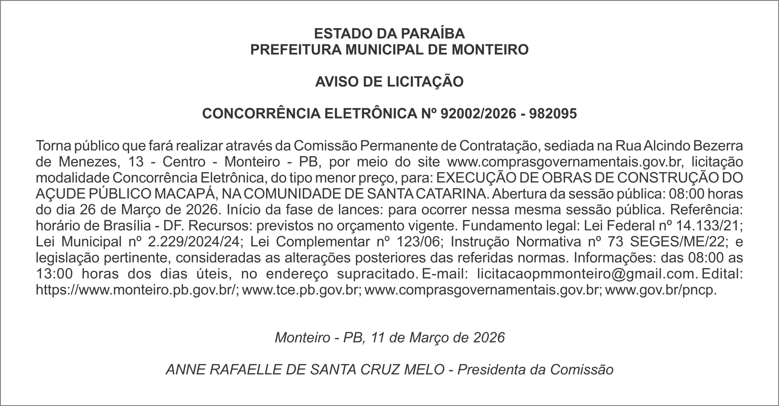 PREFEITURA MUNICIPAL DE MONTEIRO     AVISO DE LICITAÇÃO  CONCORRÊNCIA ELETRÔNICA Nº 92002/2026 – 982095