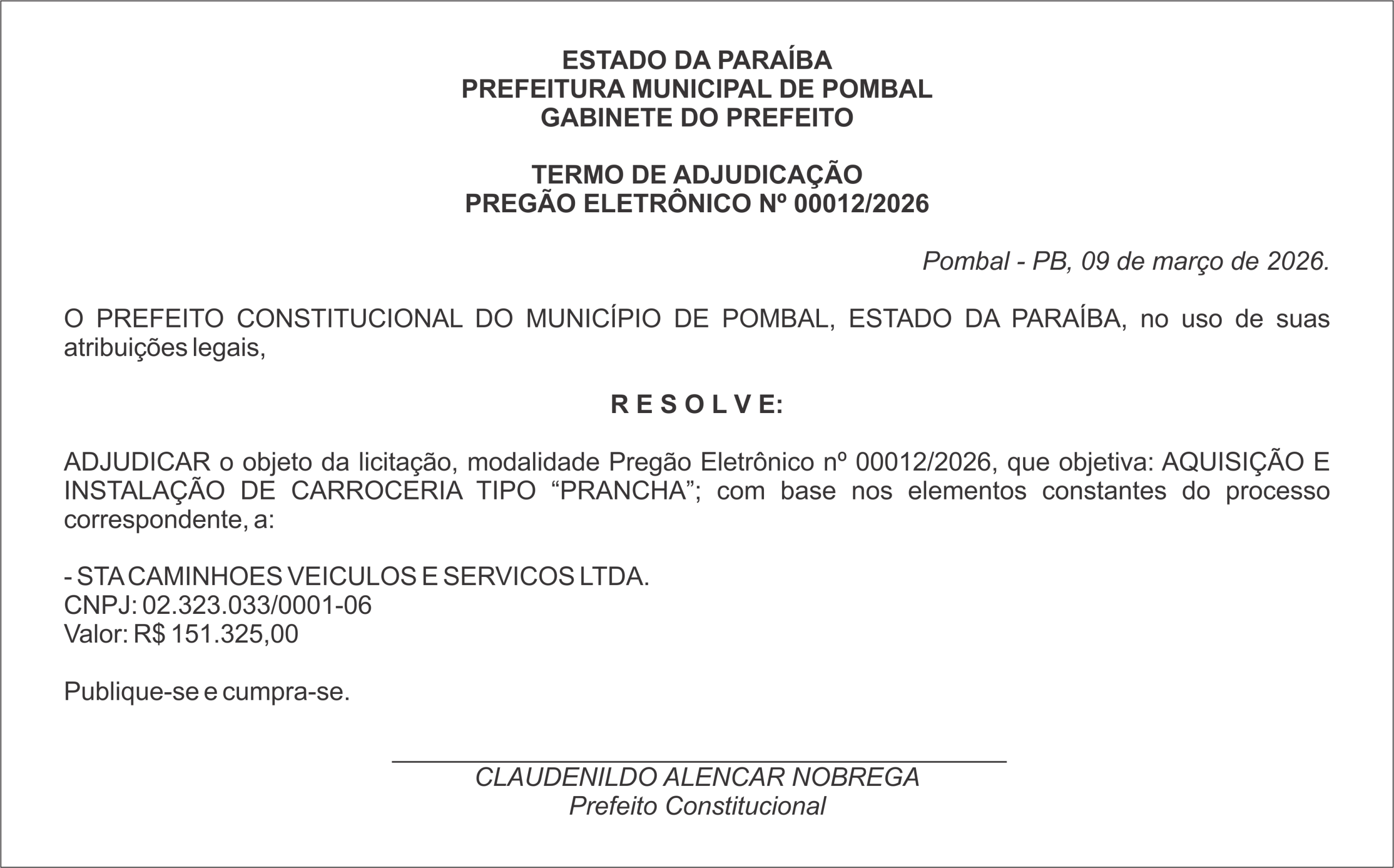 PREFEITURA MUNICIPAL DE POMBAL –  TERMO DE ADJUDICAÇÃO PREGÃO ELETRÔNICO Nº 00012/2026